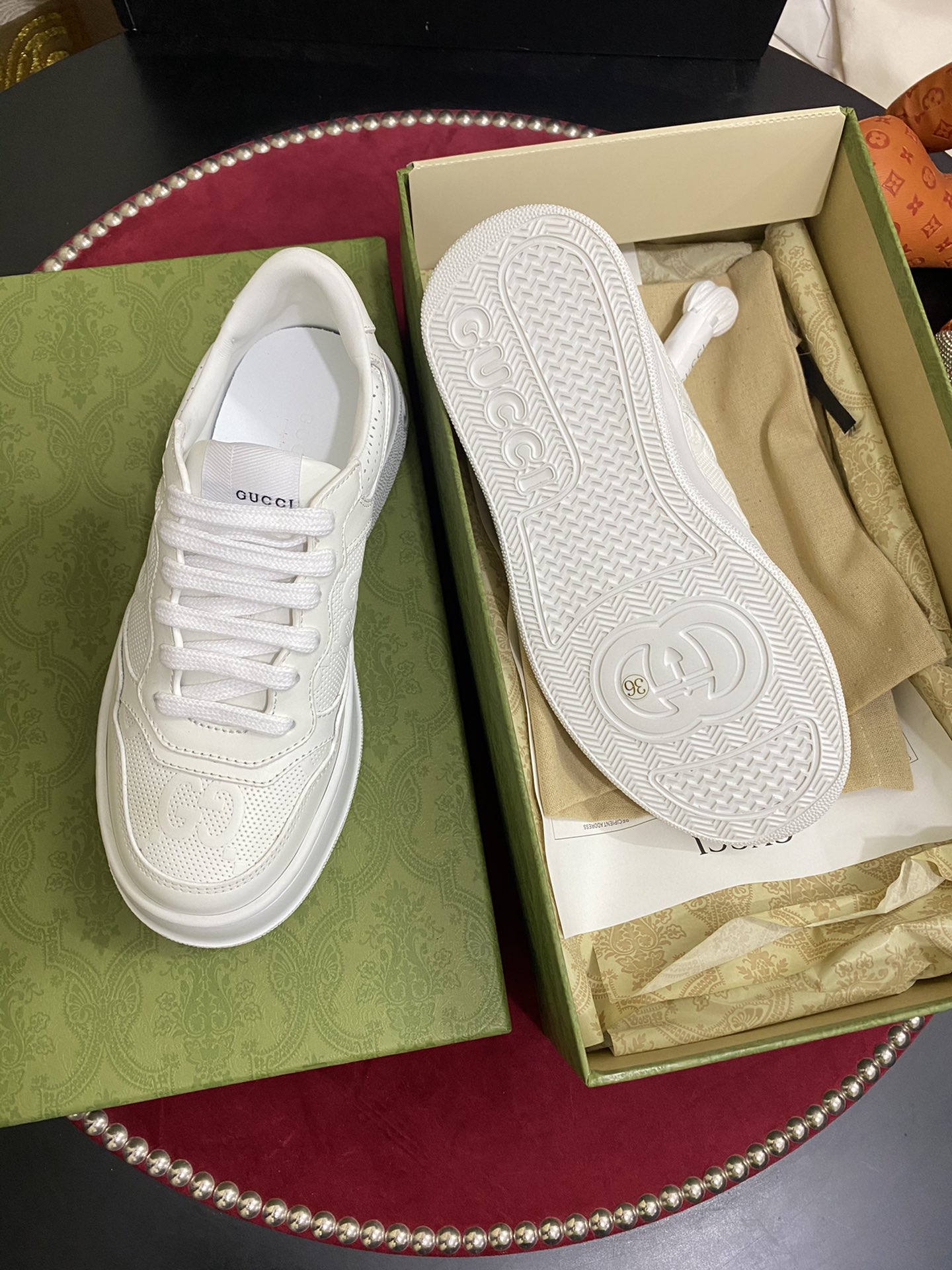 [TOP] GUCCI Solid Color Double G Embossed Leather Rubber Platform Sneakers - White - 711 Luxury