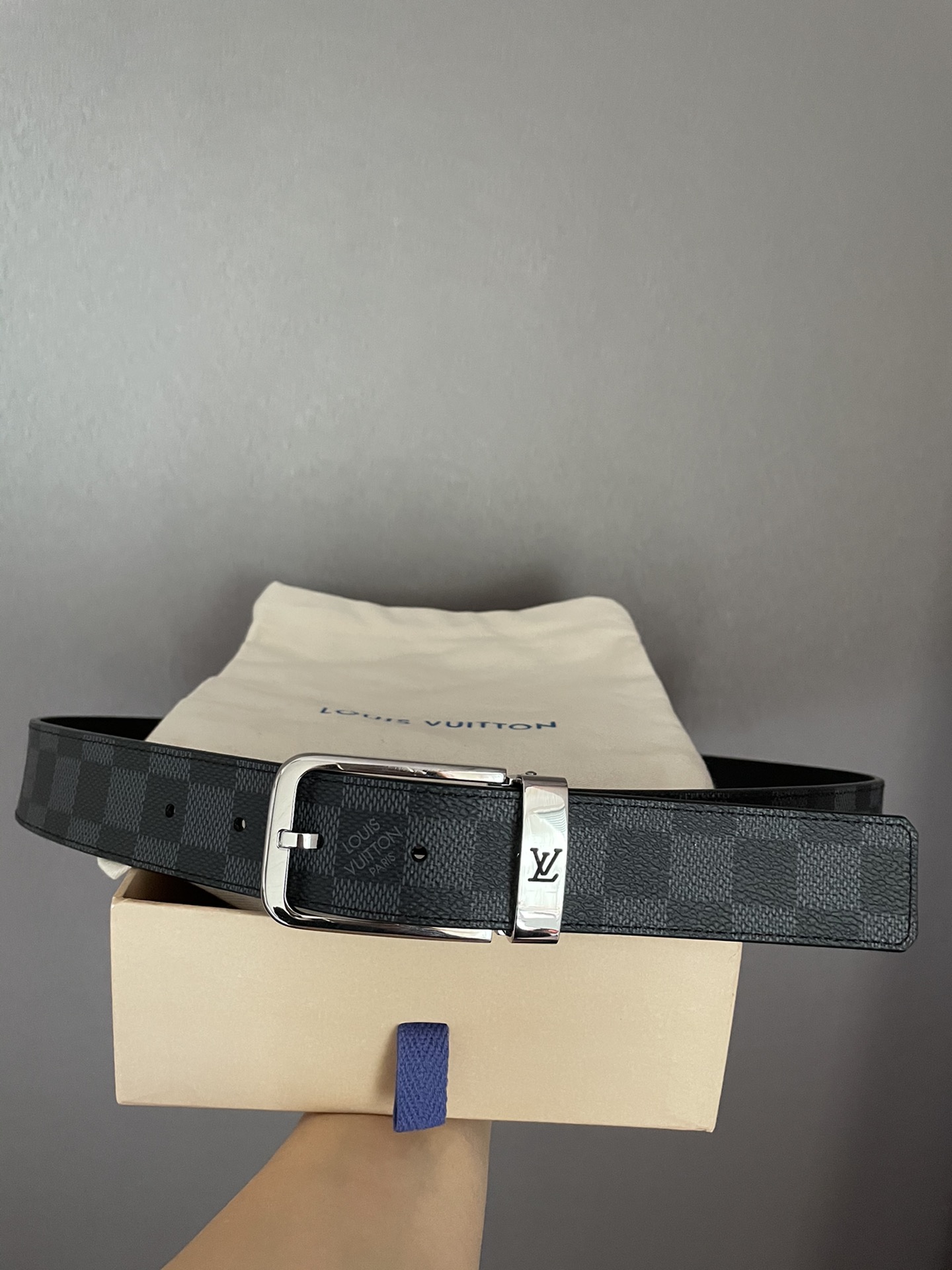 [TOP] Louis Vuitton LV LV Men's Belt Initials Damier Graphite - Black