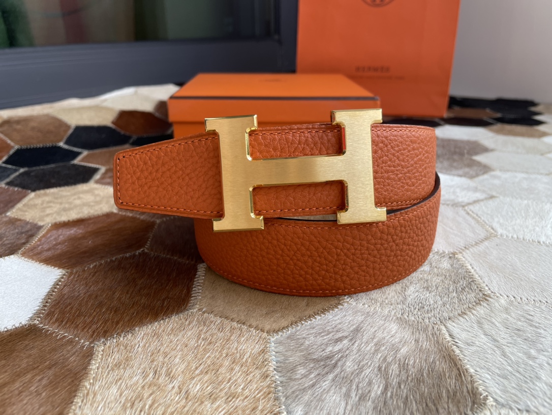 [TOP] HERMES Men's Buckle Logo Epsom Belt 3.8cm - Orange - GHW/SHW