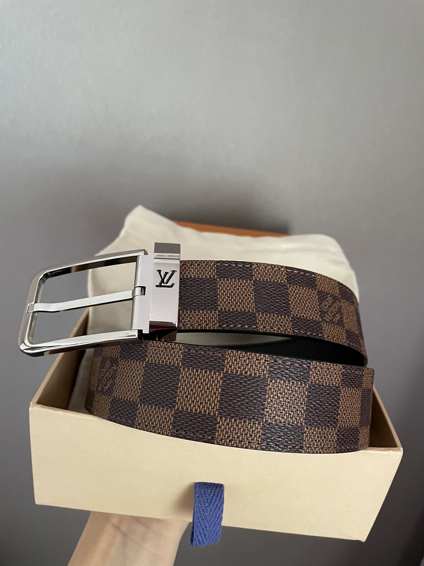 [TOP] Louis Vuitton LV LV Men's Belt Initials Damier Graphite - Brown