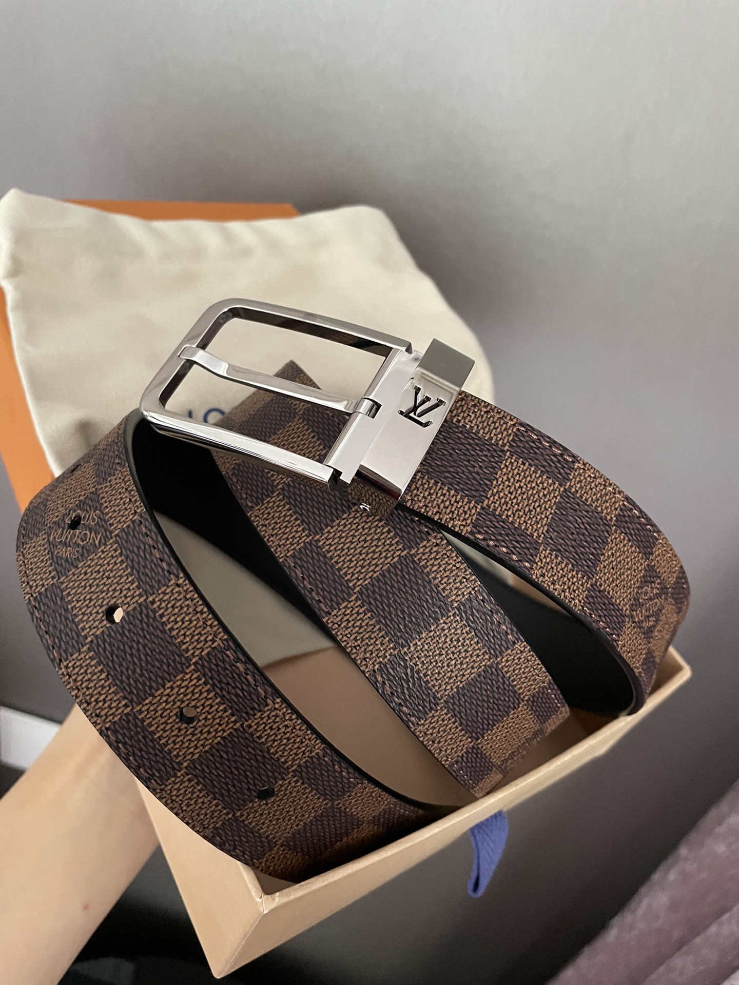 [TOP] Louis Vuitton LV LV Men's Belt Initials Damier Graphite - Brown