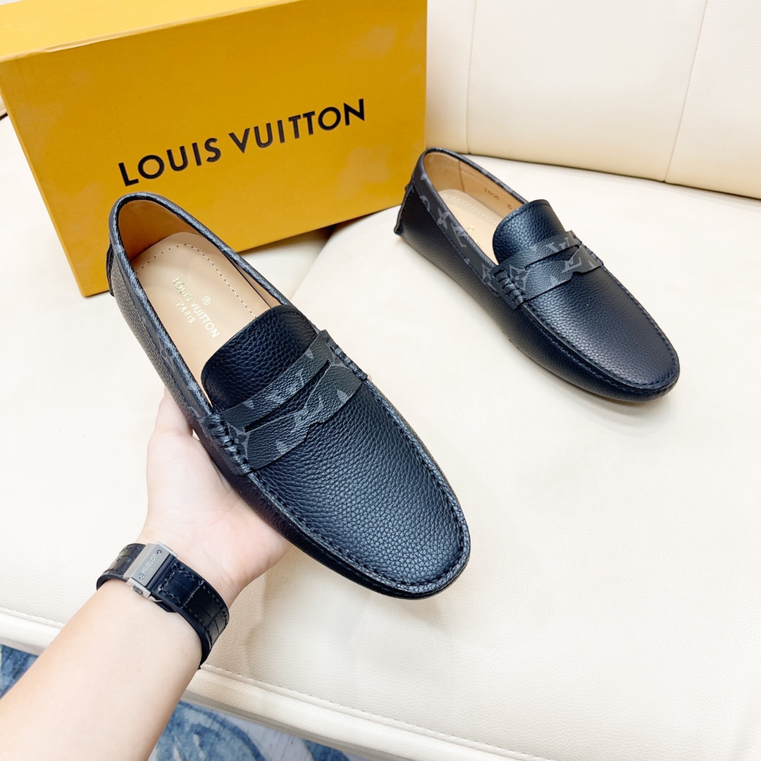 [TOP] Louis Vuitton LV LV Men's Calfskin Lychee pattern shoes - Black