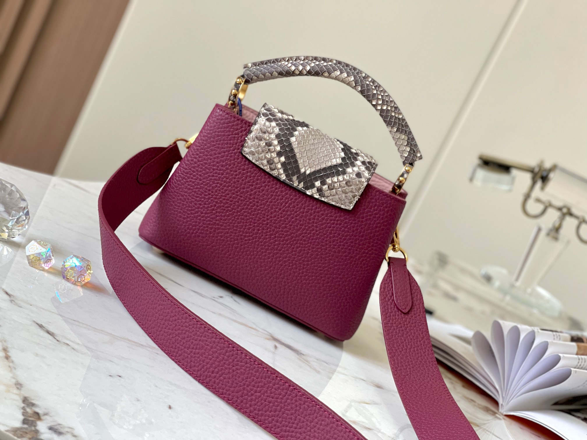 [TOP] Louis Vuitton LV Capucines Bag 2 Sizes - Purple with Paris Pink Python Gold Buckle