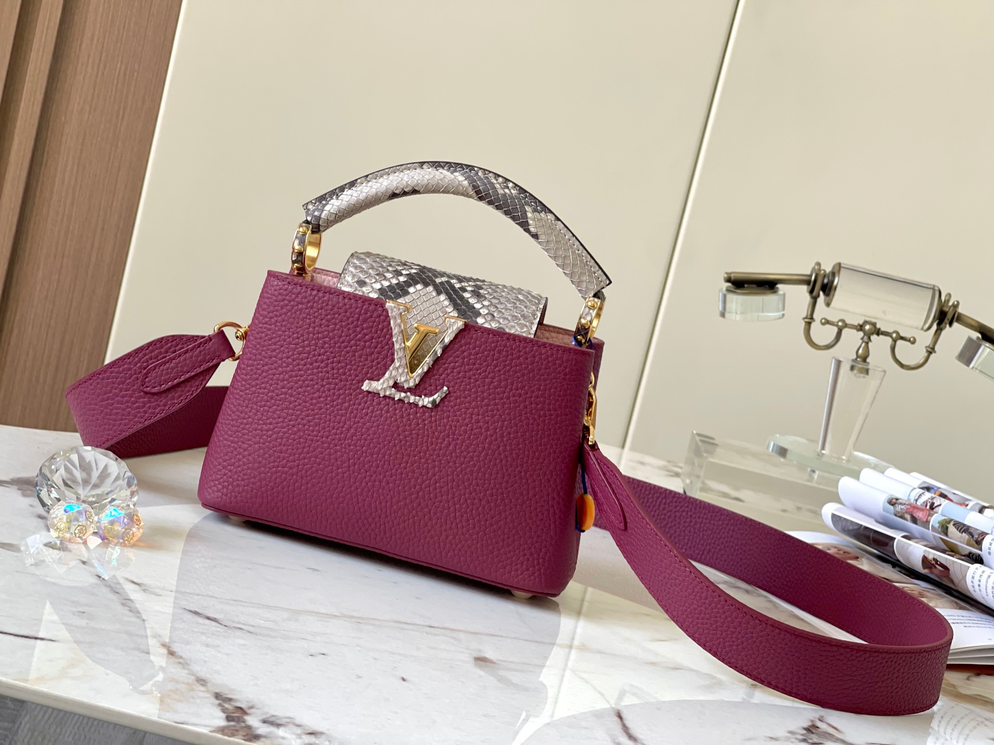 [TOP] Louis Vuitton LV Capucines Bag 2 Sizes - Purple with Paris Pink Python Gold Buckle