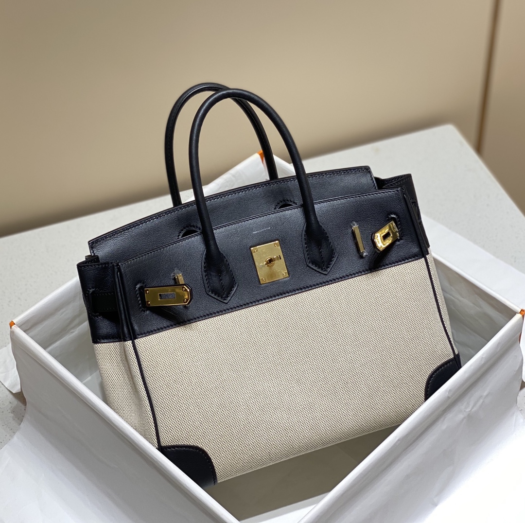 [TOP] HERMES Canvas with Swift Leather Birkin Leather 25/30 cm - Black & GHW