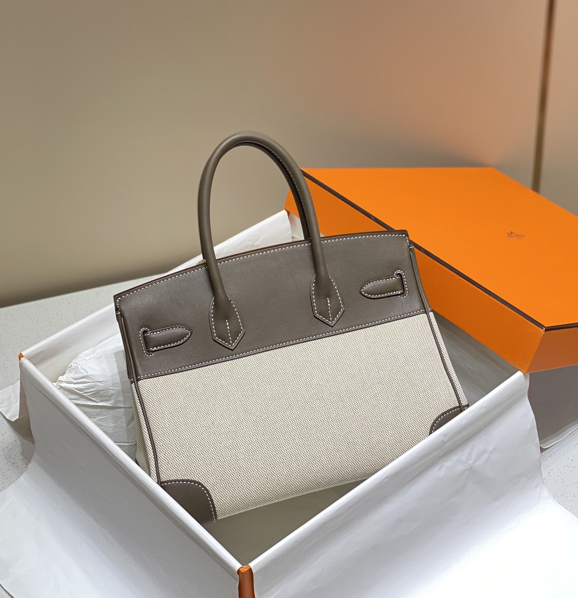 [TOP] HERMES Canvas with Swift Leather Birkin Leather 25/30 cm - Grey & GHW