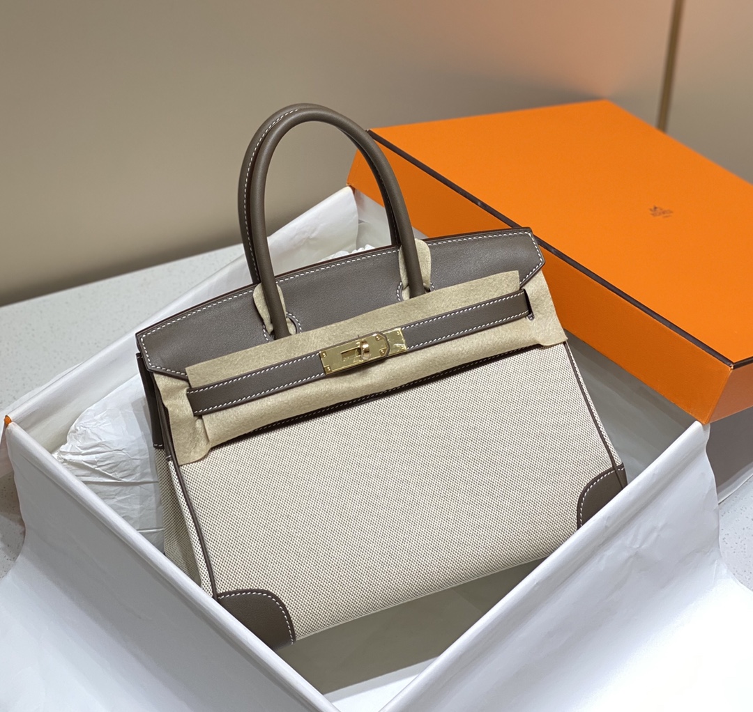 [TOP] HERMES Canvas with Swift Leather Birkin Leather 25/30 cm - Grey & GHW