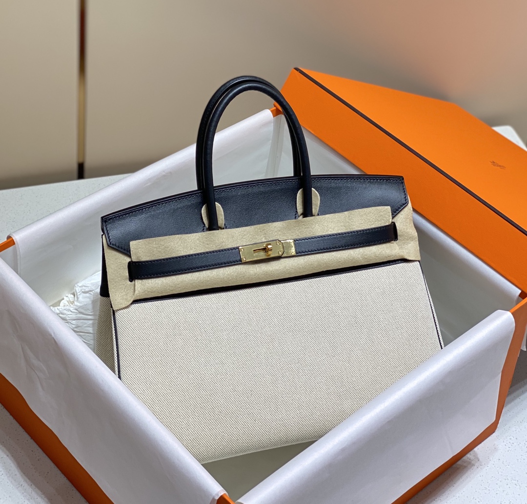 [TOP] HERMES Canvas with Swift Leather Birkin Leather 25/30 cm - Black & GHW