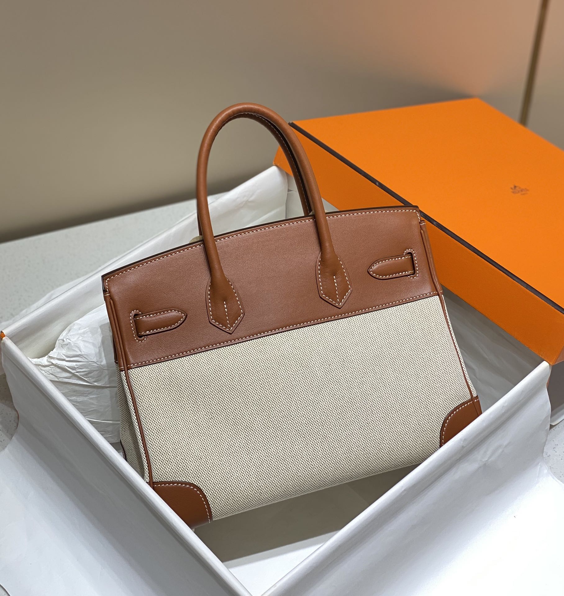 [TOP] HERMES Canvas with Swift Leather Birkin Leather 25/30 cm - Brown & GHW