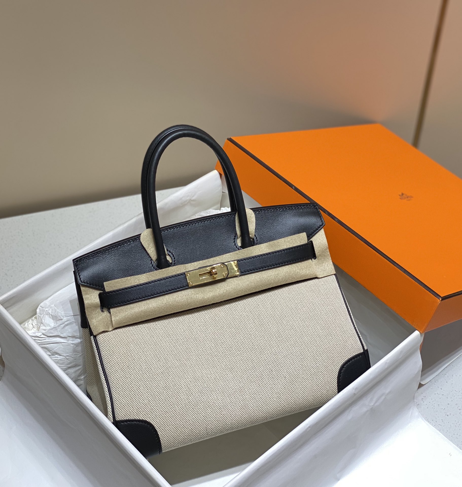 [TOP] HERMES Canvas with Swift Leather Birkin Leather 25/30 cm - Black & GHW