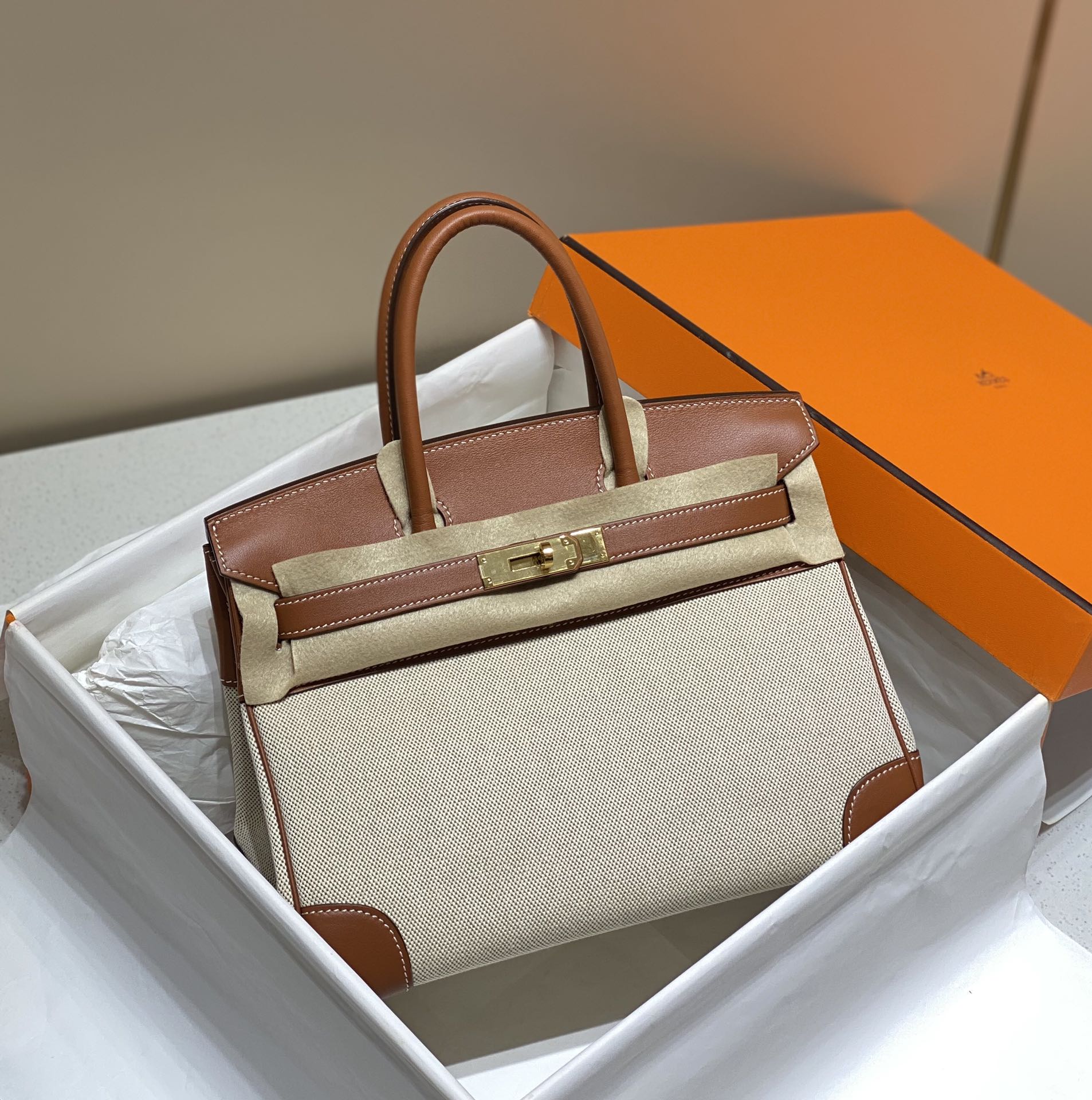 [TOP] HERMES Canvas with Swift Leather Birkin Leather 25/30 cm - Brown & GHW