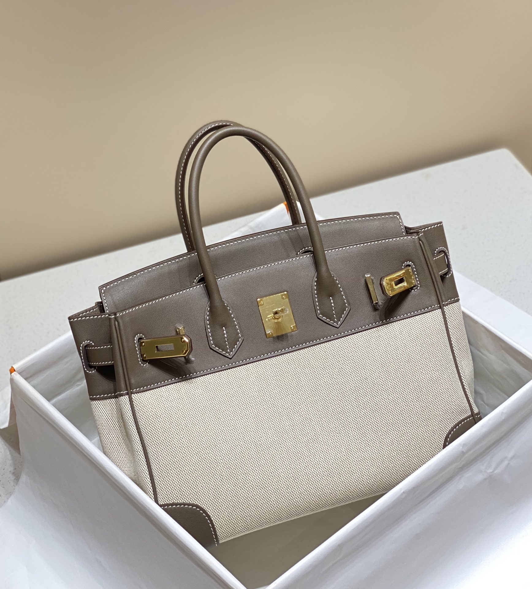 [TOP] HERMES Canvas with Swift Leather Birkin Leather 25/30 cm - Grey & GHW