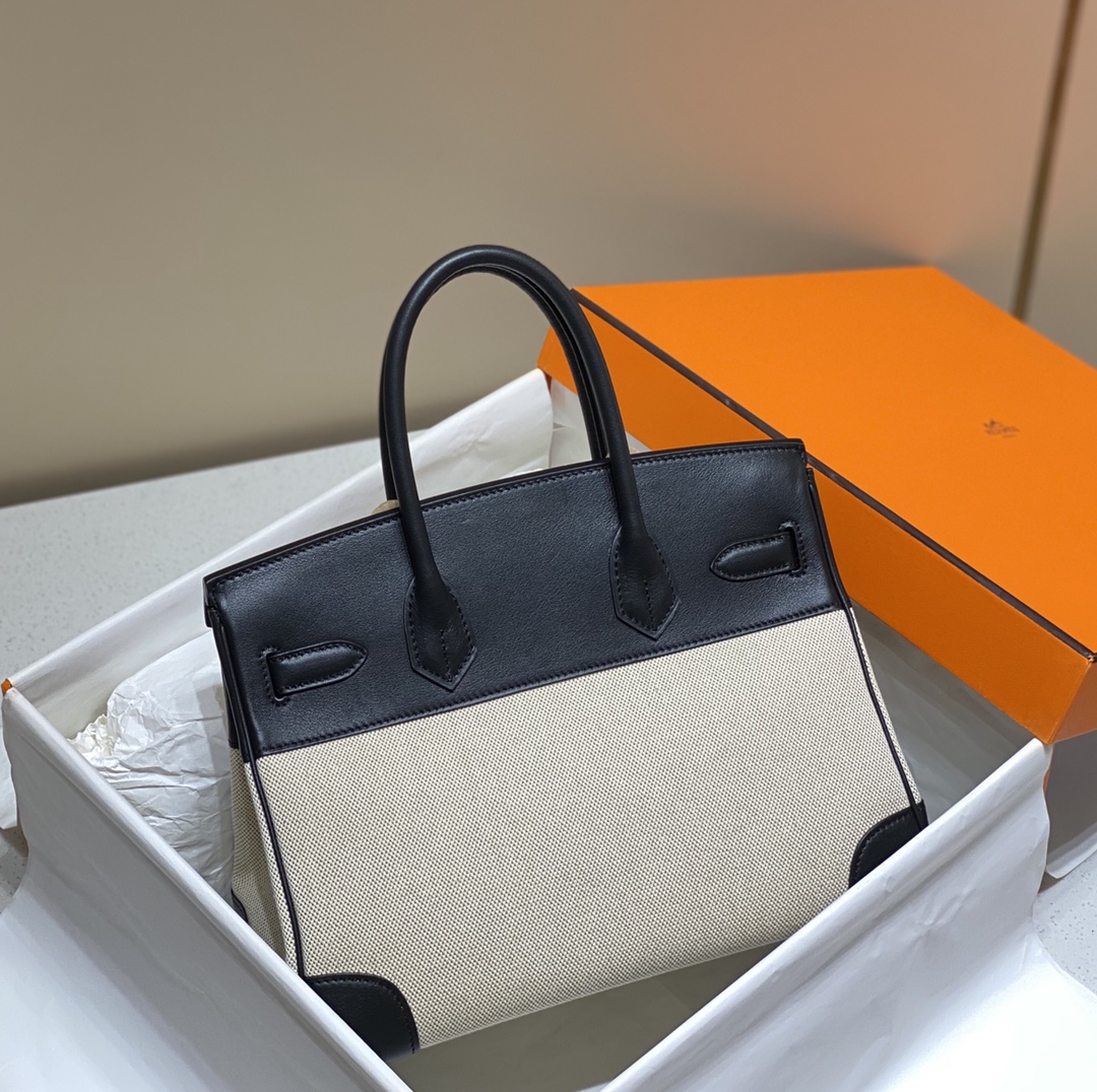 [TOP] HERMES Canvas with Swift Leather Birkin Leather 25/30 cm - Black & GHW