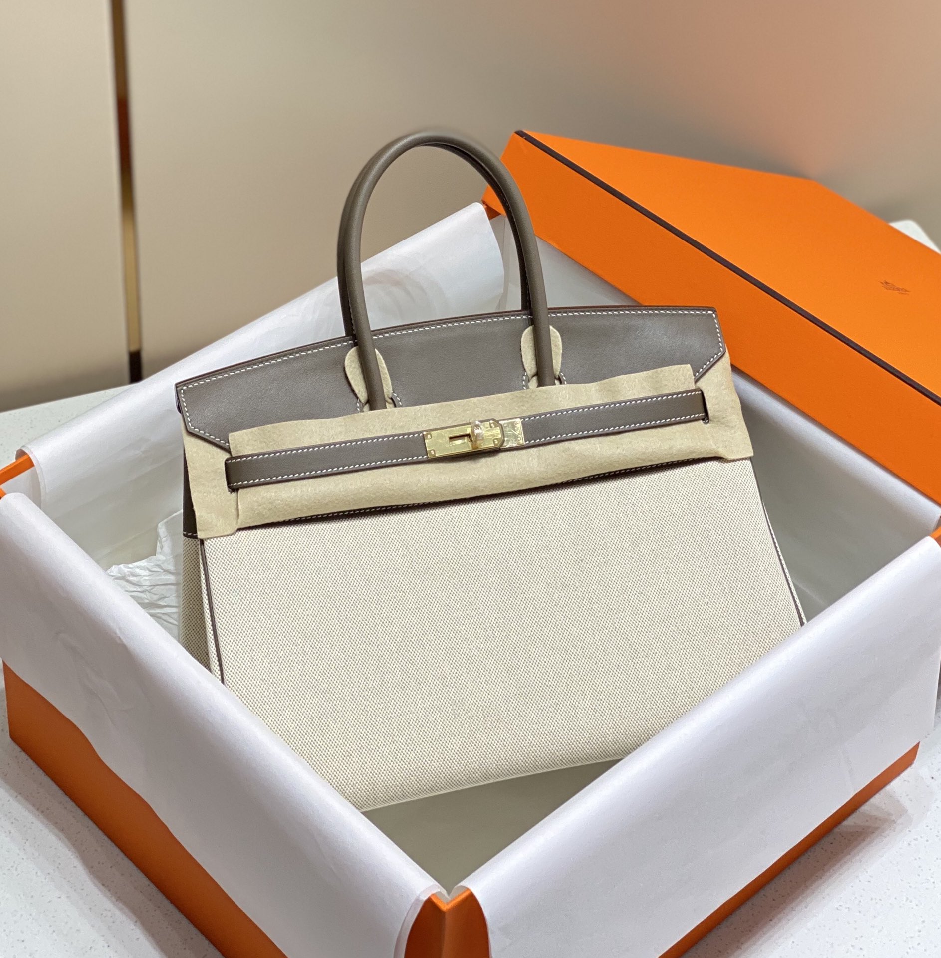 [TOP] HERMES Canvas with Swift Leather Birkin Leather 25/30 cm - Grey & GHW