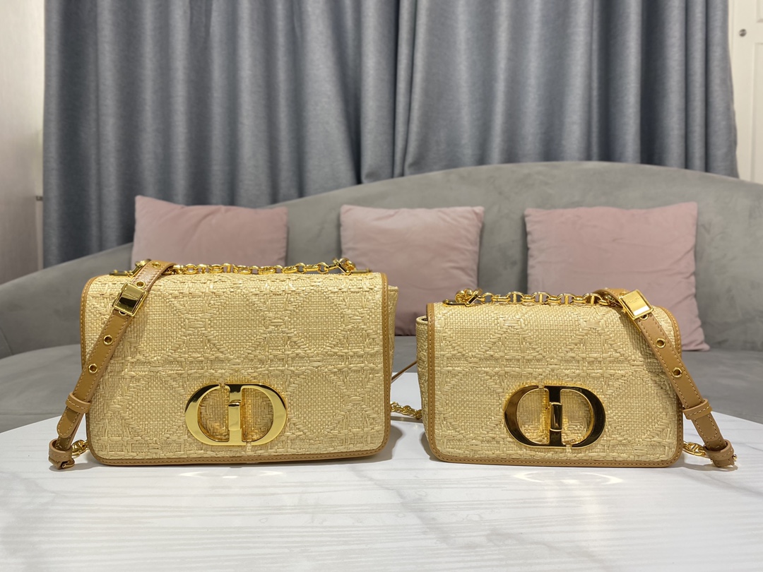 [TOP] Christian Dior Caro Bag 20 x 12 x 7 cm/25.5 x 15.5 x 8 cm - Raffia Cannage - Yellow
