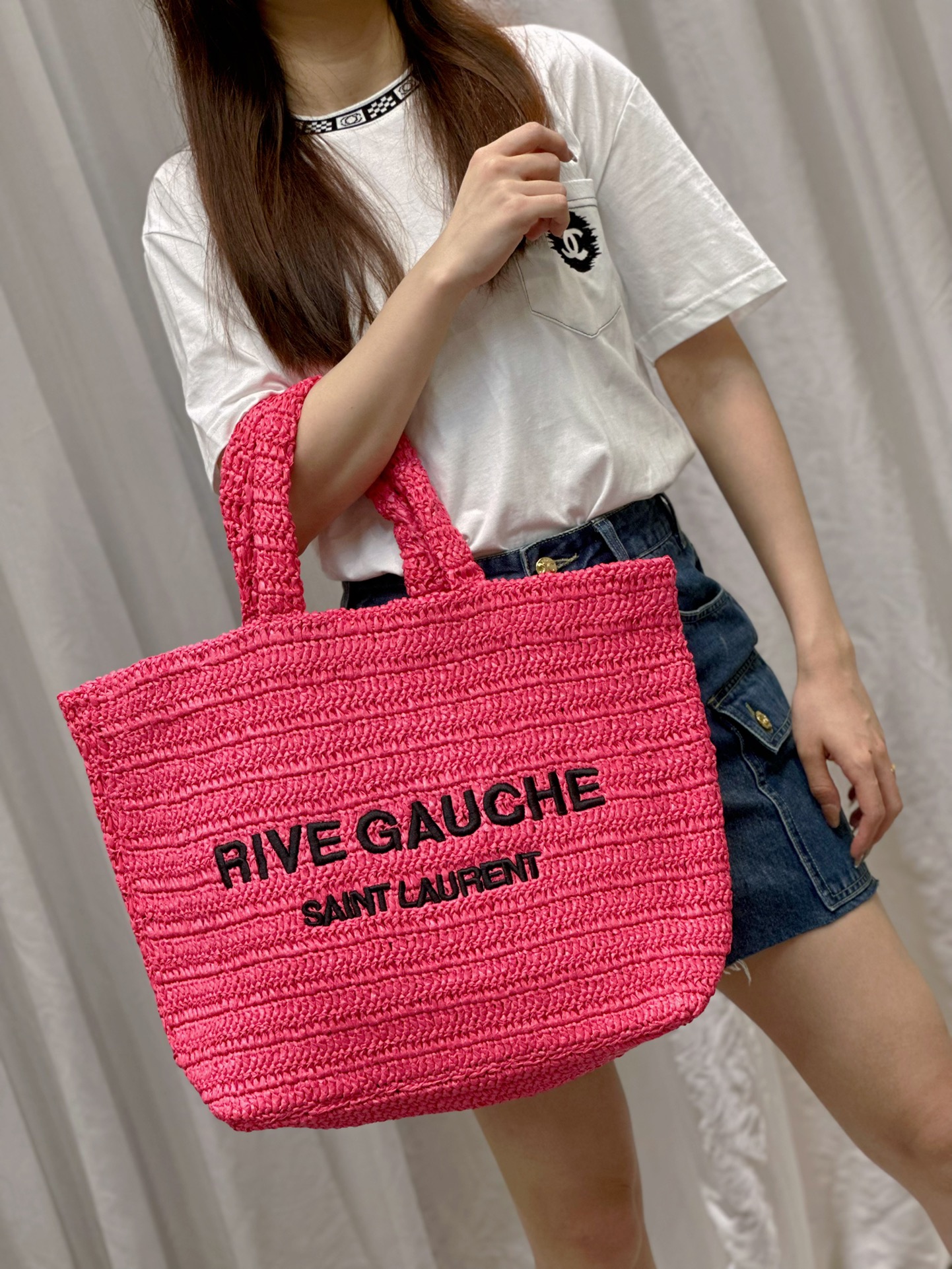 [TOP] Yves Saint Laurent YSL RIVE GAUCHE Straw Woven Bag Tote
