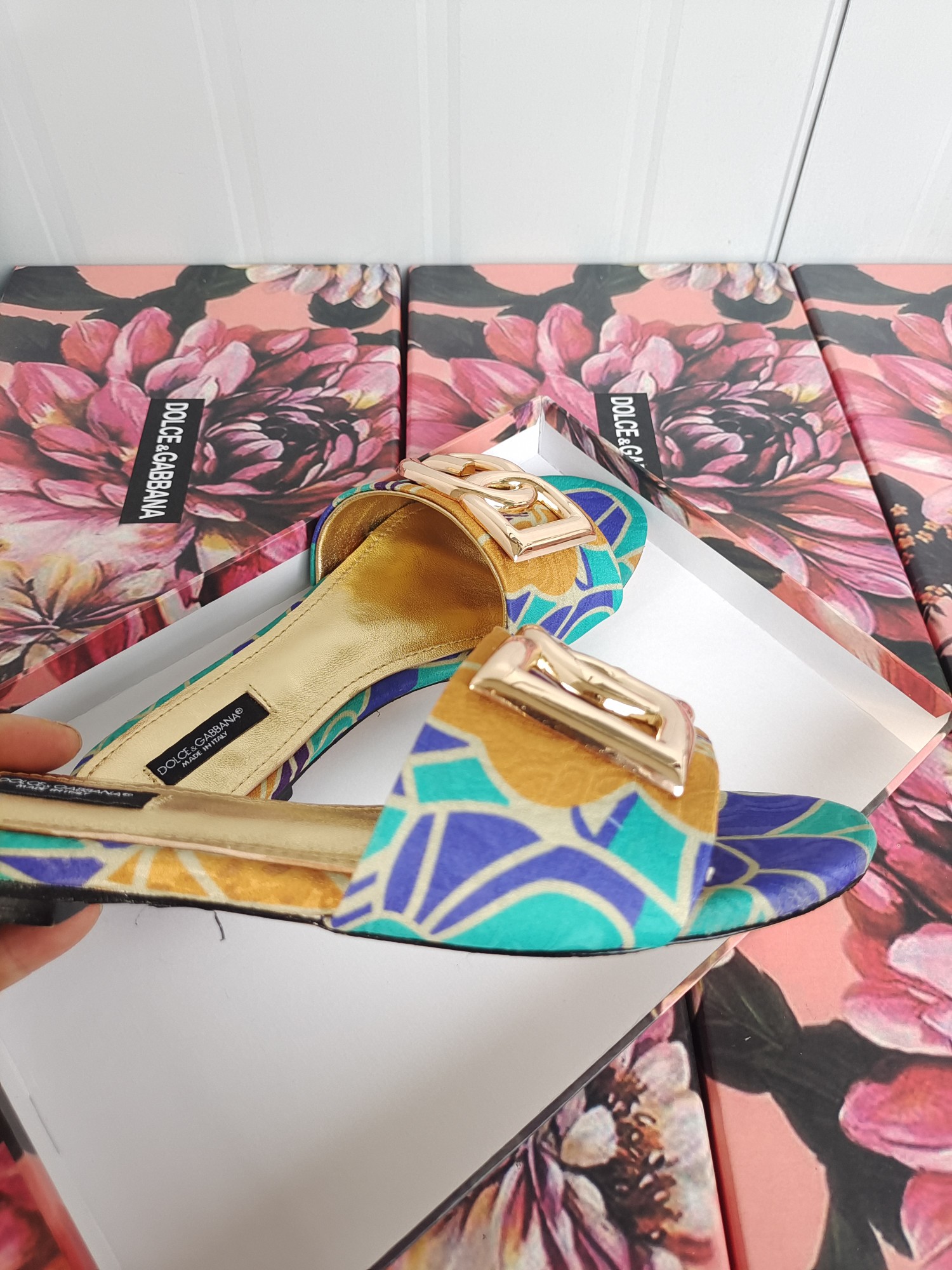 [TOP] Dolce & Gabbana D&G Slides Leather - Green and Yellow Flowers