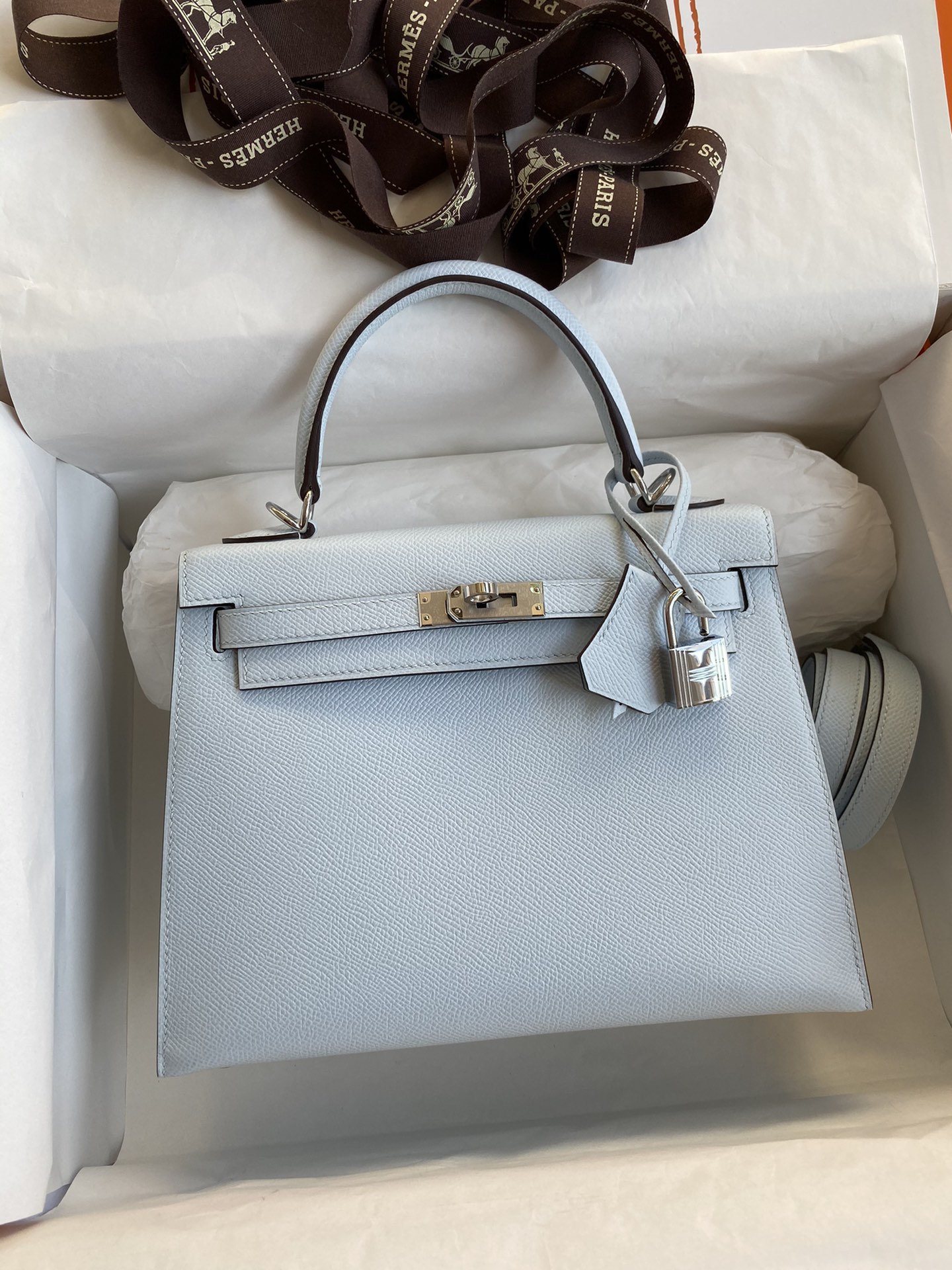 [TOP] HERMES Kelly Epsom Leather 25cm/28cm - Baby Blue & GHW/SHW