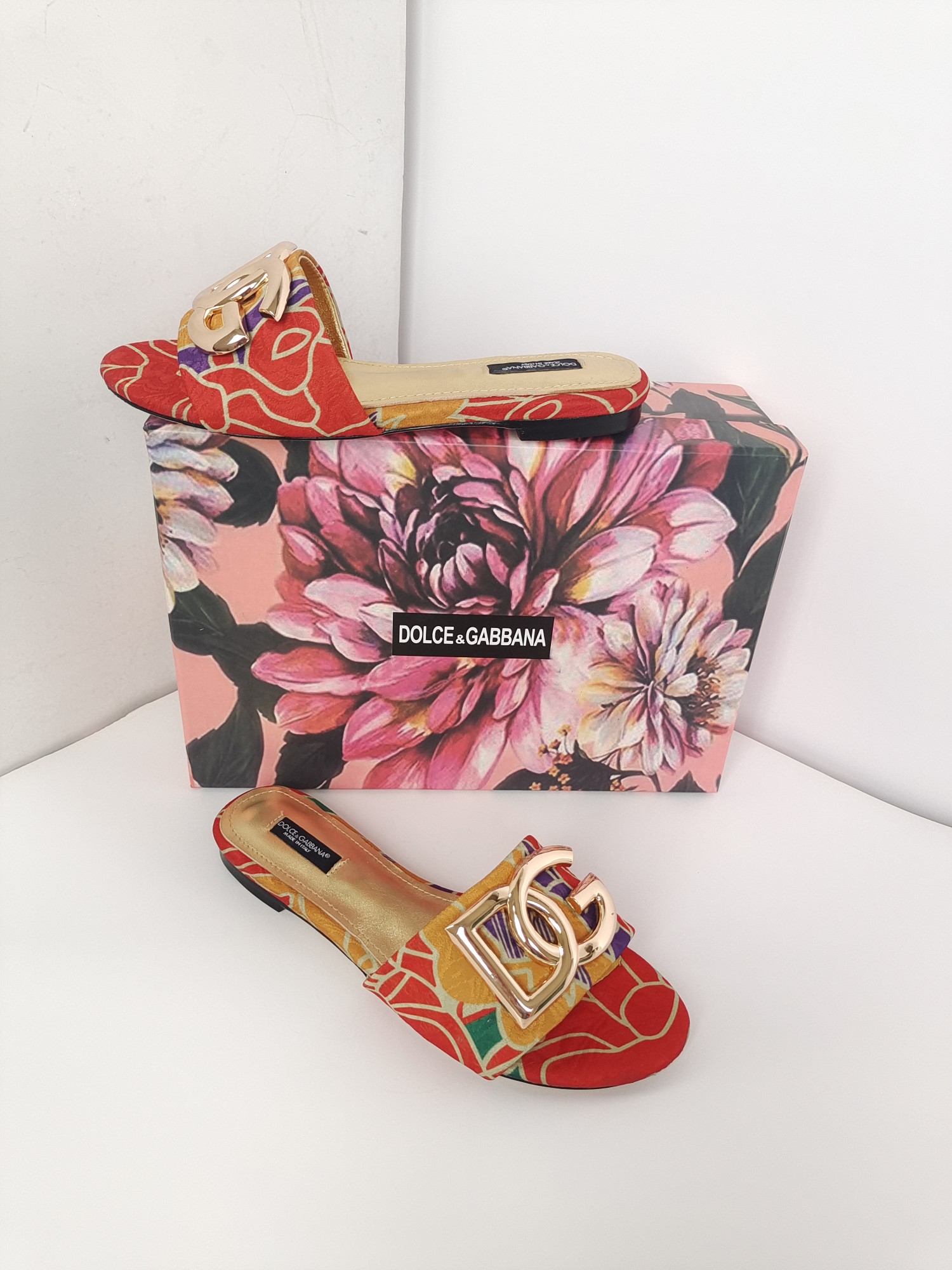 [TOP] Dolce & Gabbana D&G Slides Leather - Red and Yellow Flowers