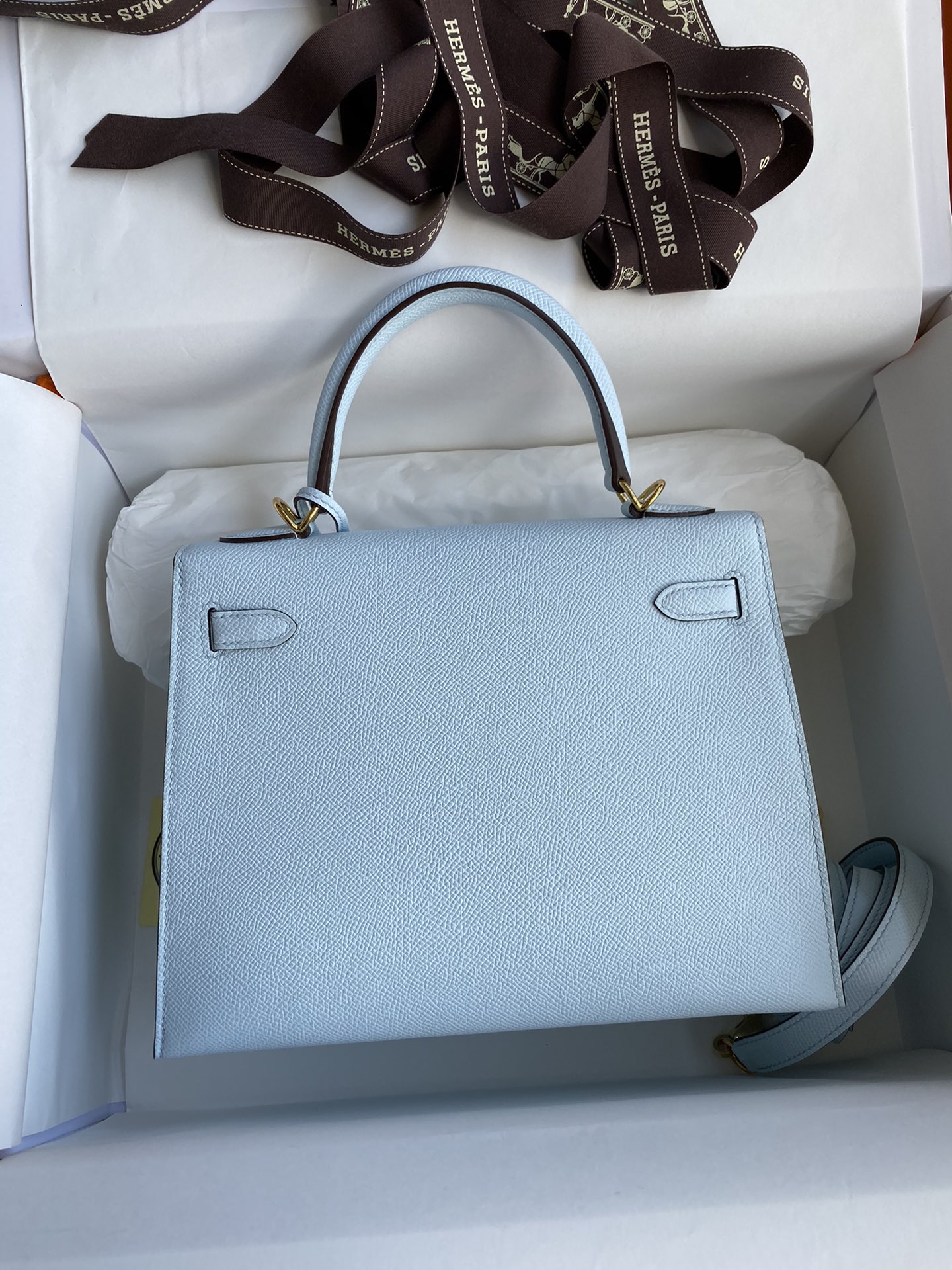 [TOP] HERMES Kelly Epsom Leather 25cm/28cm - Baby Blue & GHW/SHW