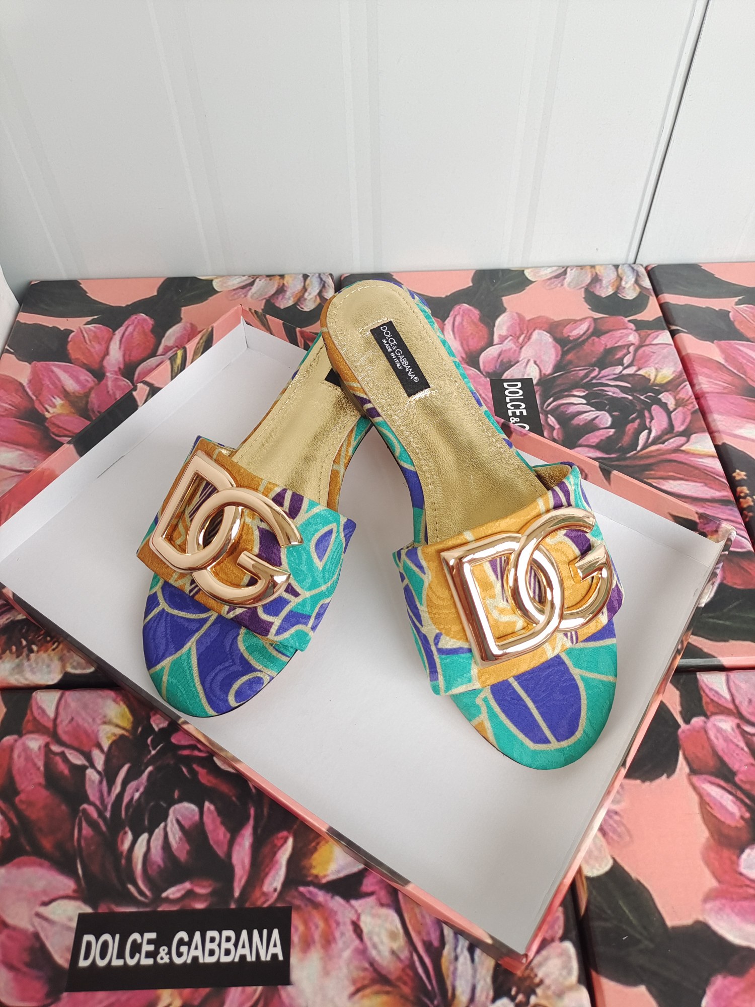 [TOP] Dolce & Gabbana D&G Slides Leather - Green and Yellow Flowers