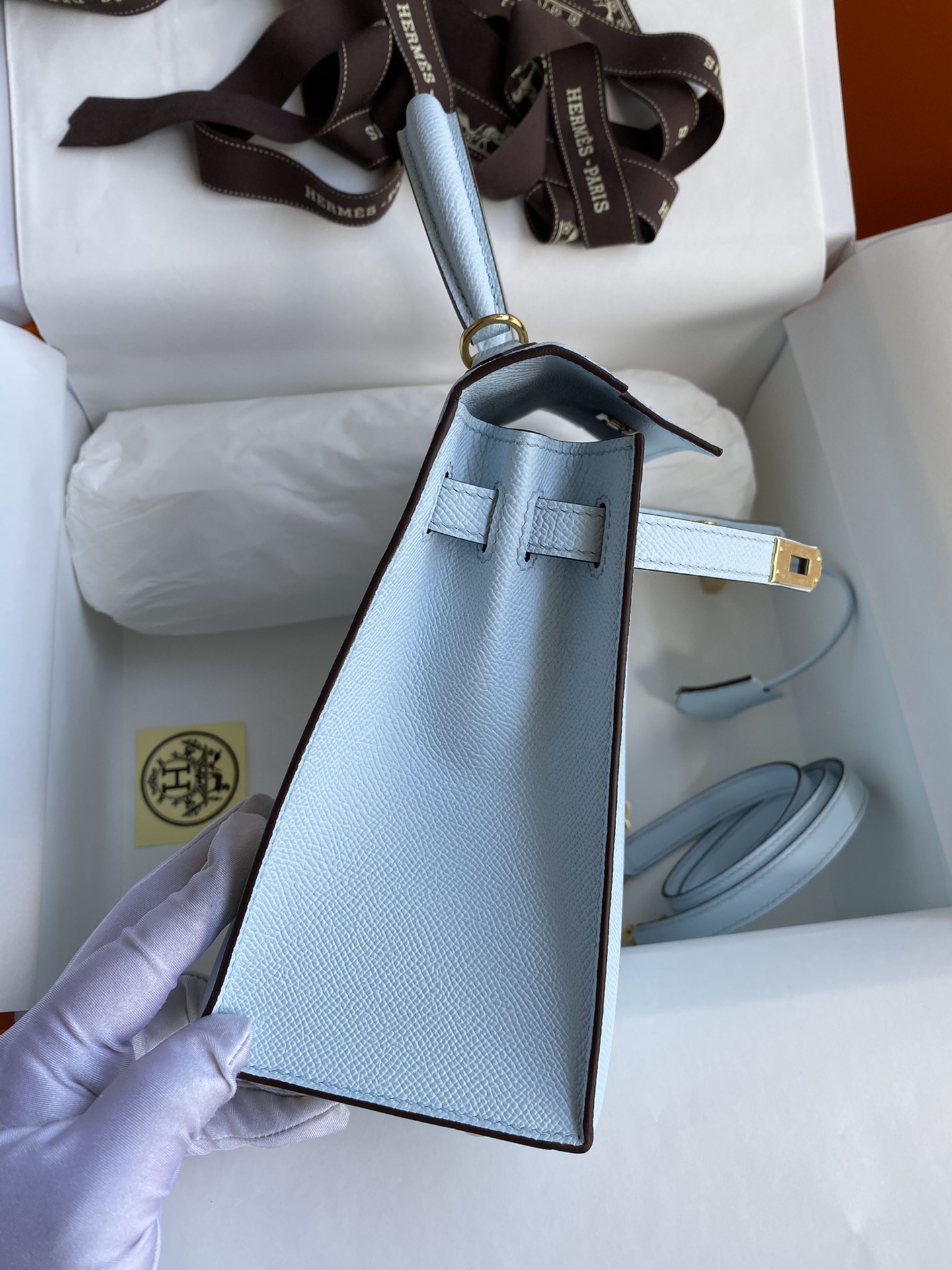 [TOP] HERMES Kelly Epsom Leather 25cm/28cm - Baby Blue & GHW/SHW
