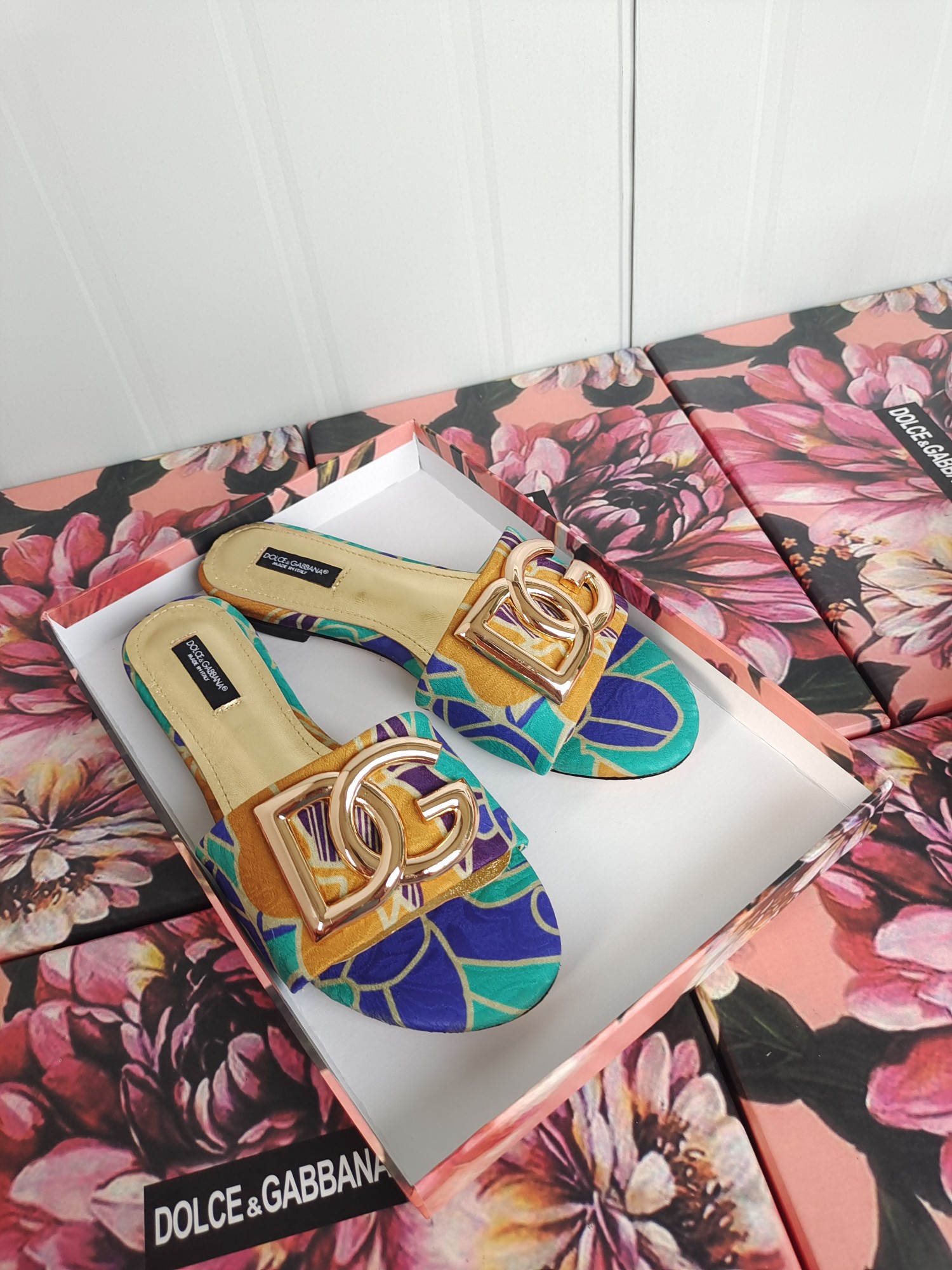 [TOP] Dolce & Gabbana D&G Slides Leather - Green and Yellow Flowers