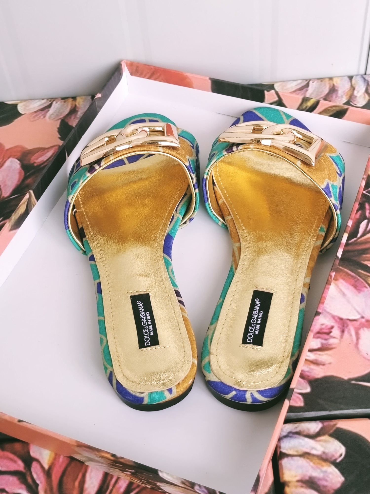 [TOP] Dolce & Gabbana D&G Slides Leather - Green and Yellow Flowers