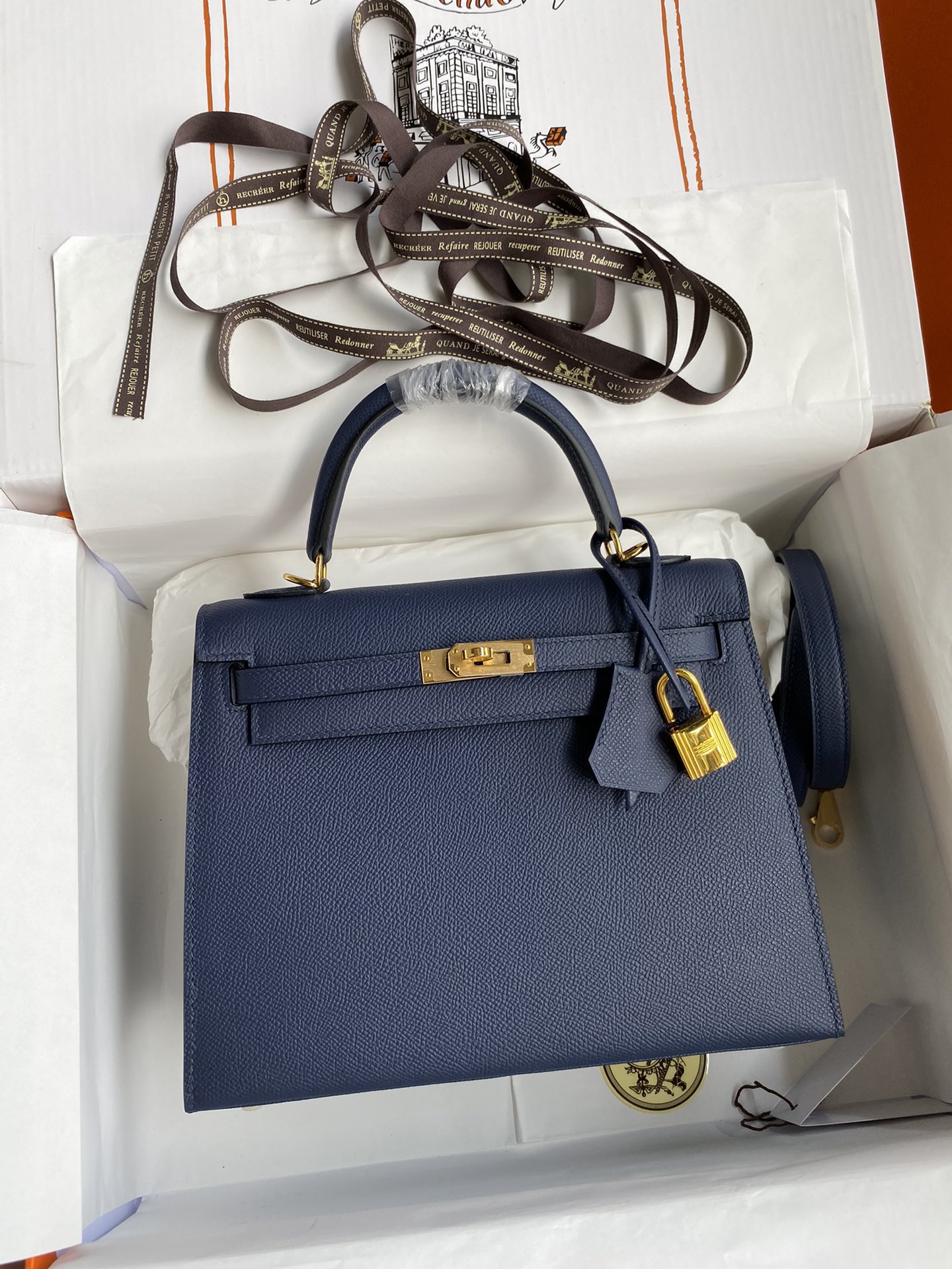 [TOP] HERMES Kelly Epsom Leather 25cm -  Dark Blue & GHW