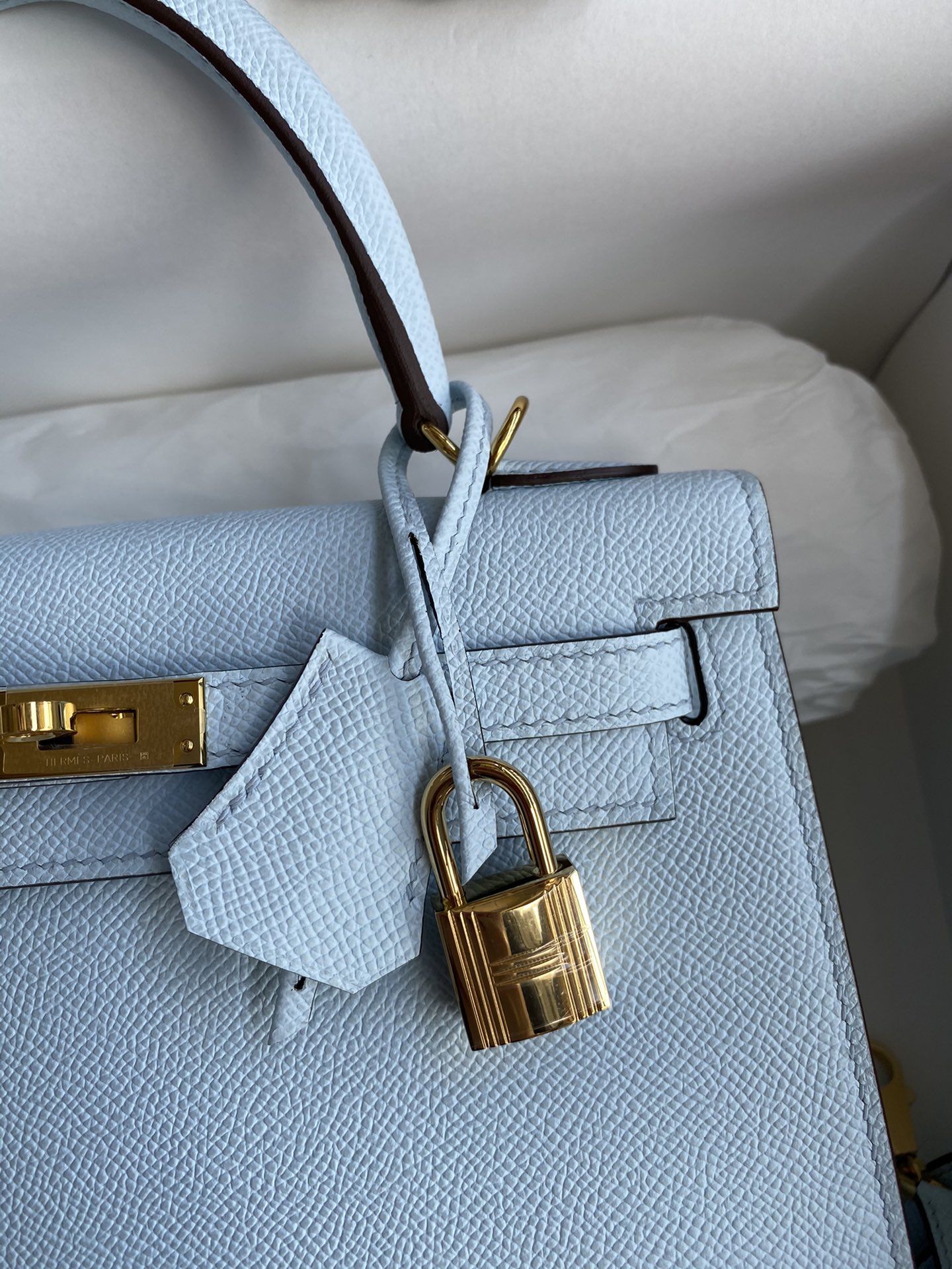 [TOP] HERMES Kelly Epsom Leather 25cm/28cm - Baby Blue & GHW/SHW