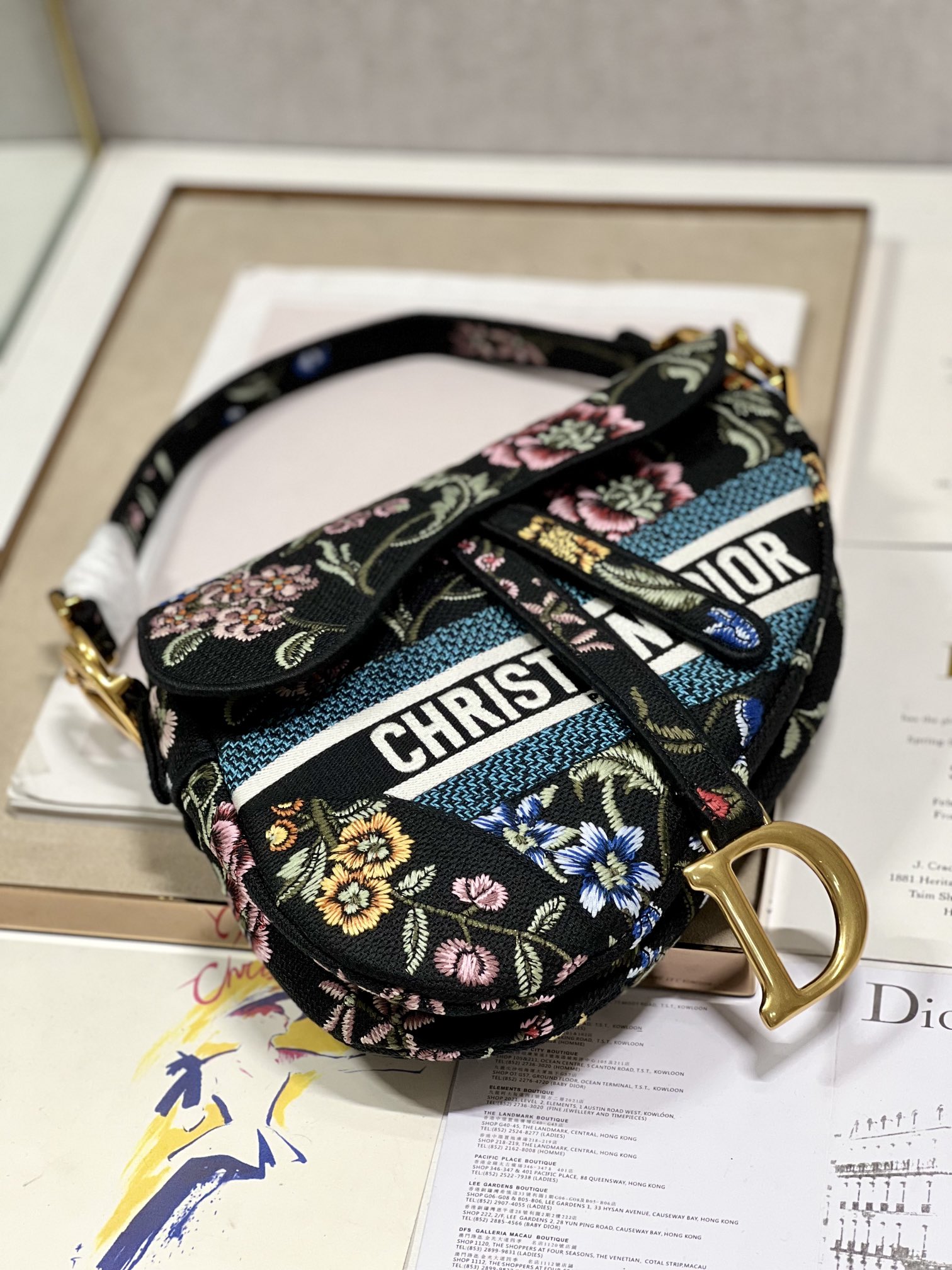 [TOP] Christian Dior Saddle Bag 25 cm - Flowers Black