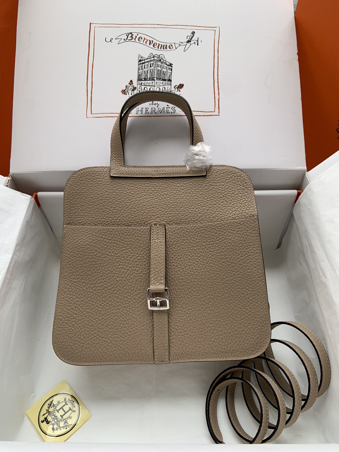 [TOP] HERMES  Clemence Leather Halzan Bag 25cm - Grey