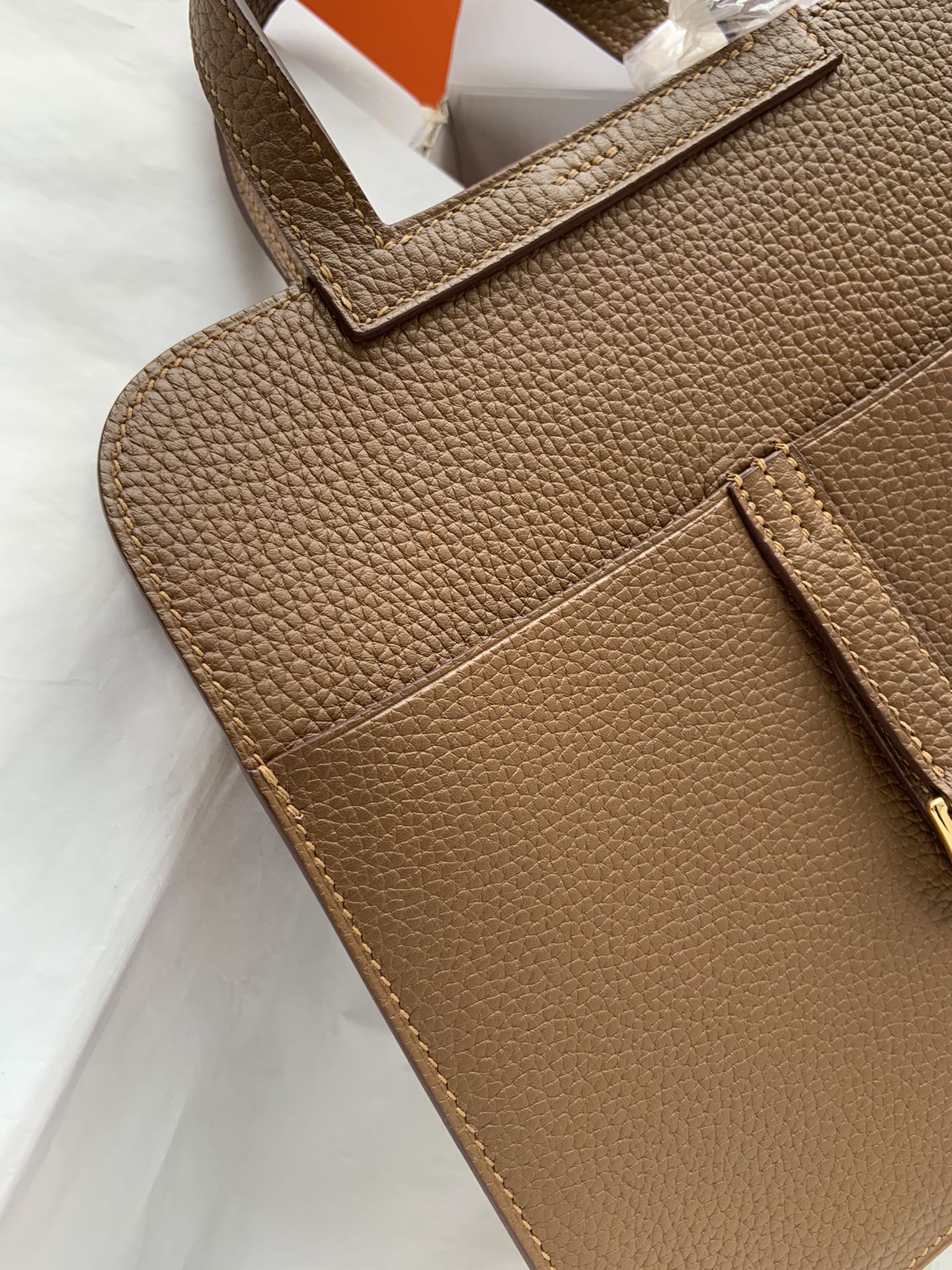 [TOP] HERMES  Clemence Leather Halzan Bag 25cm - Chestnut