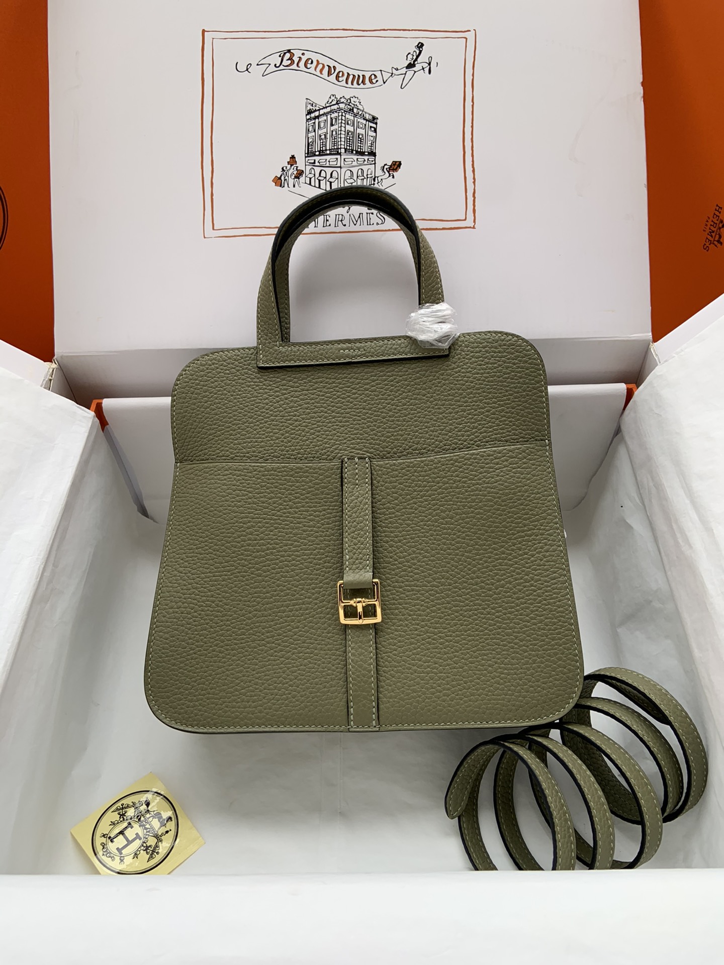 [TOP] HERMES  Clemence Leather Halzan Bag 25cm - Green