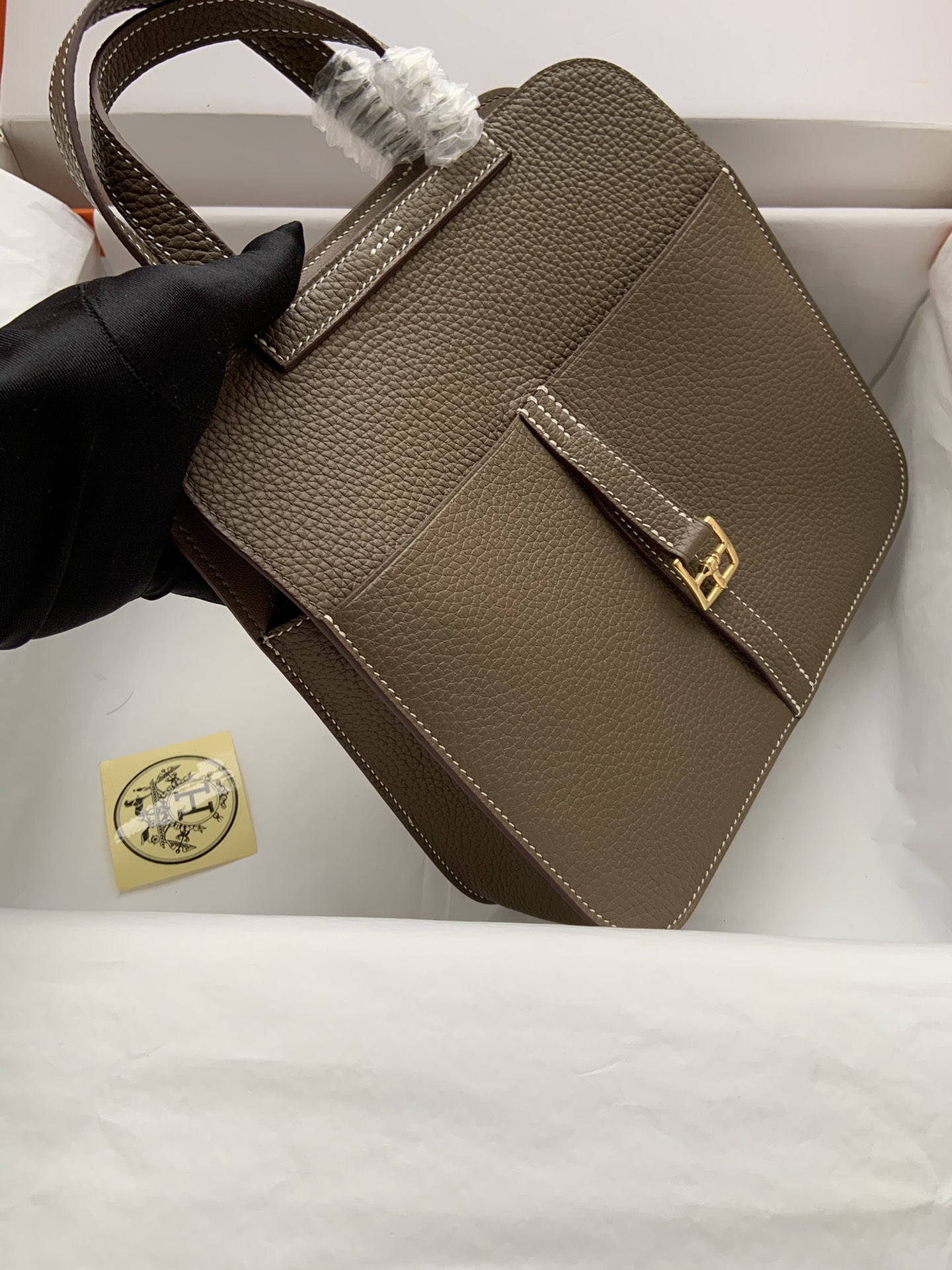 [TOP] HERMES  Clemence Leather Halzan Bag 25cm - Gray