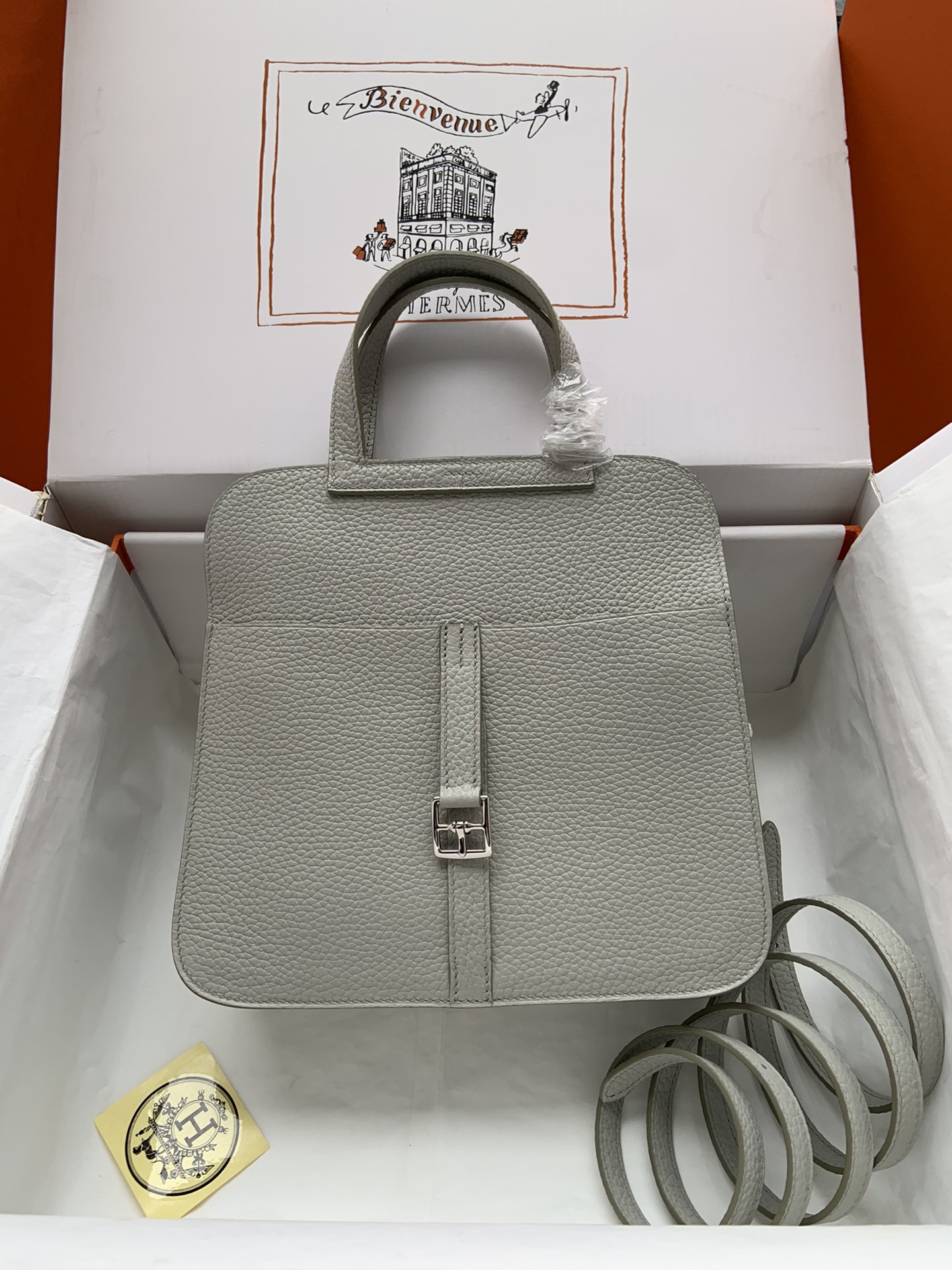 [TOP] HERMES  Clemence Leather Halzan Bag 25cm - Gray
