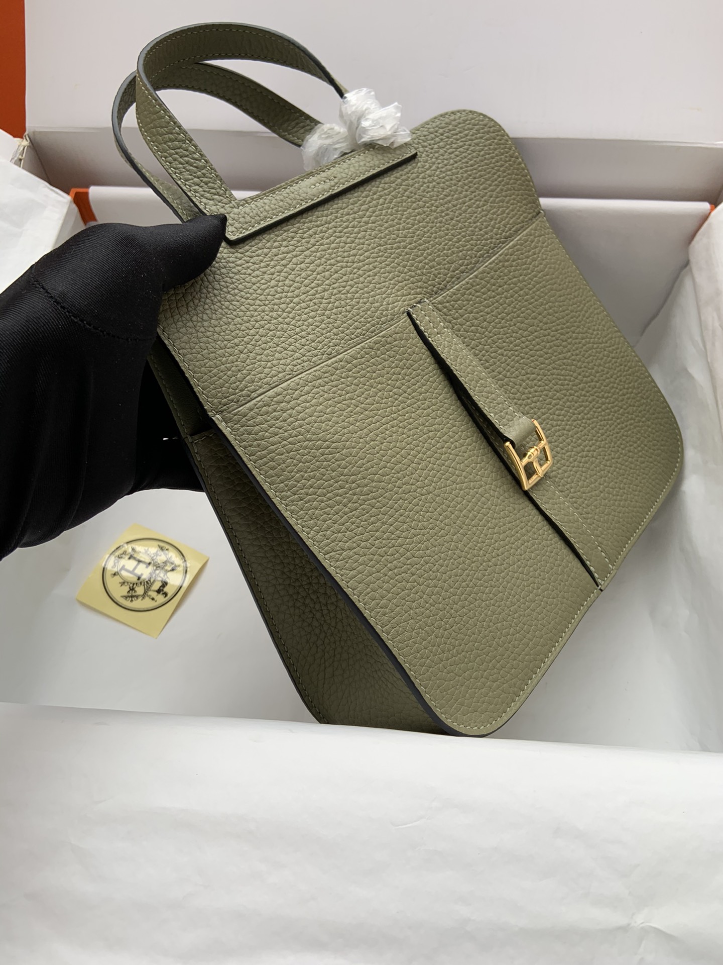 [TOP] HERMES  Clemence Leather Halzan Bag 25cm - Green