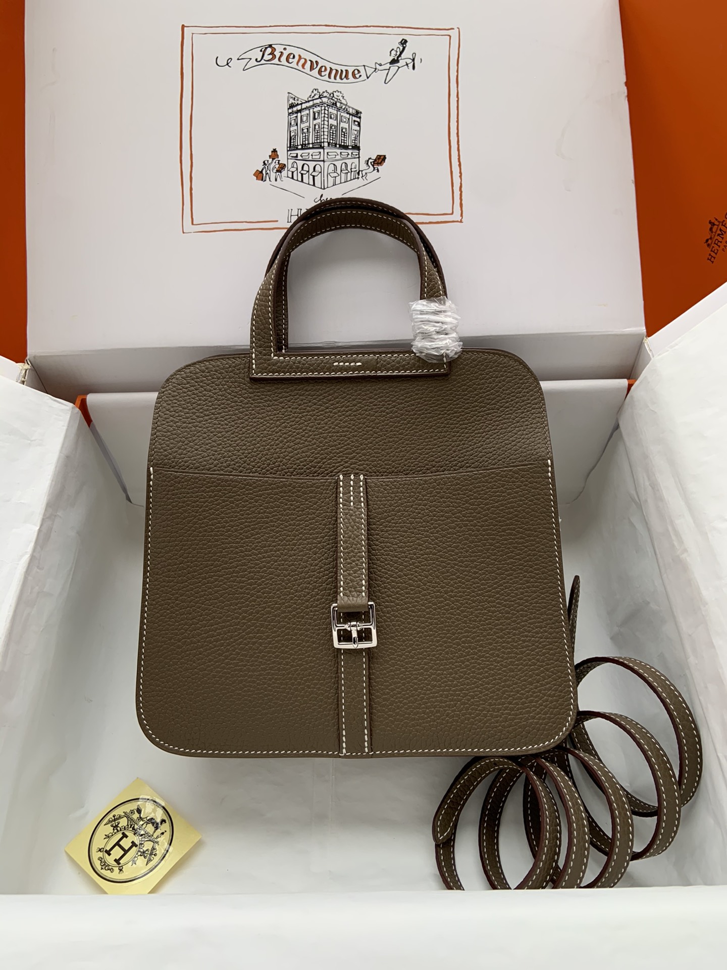 [TOP] HERMES  Clemence Leather Halzan Bag 25cm - Gray