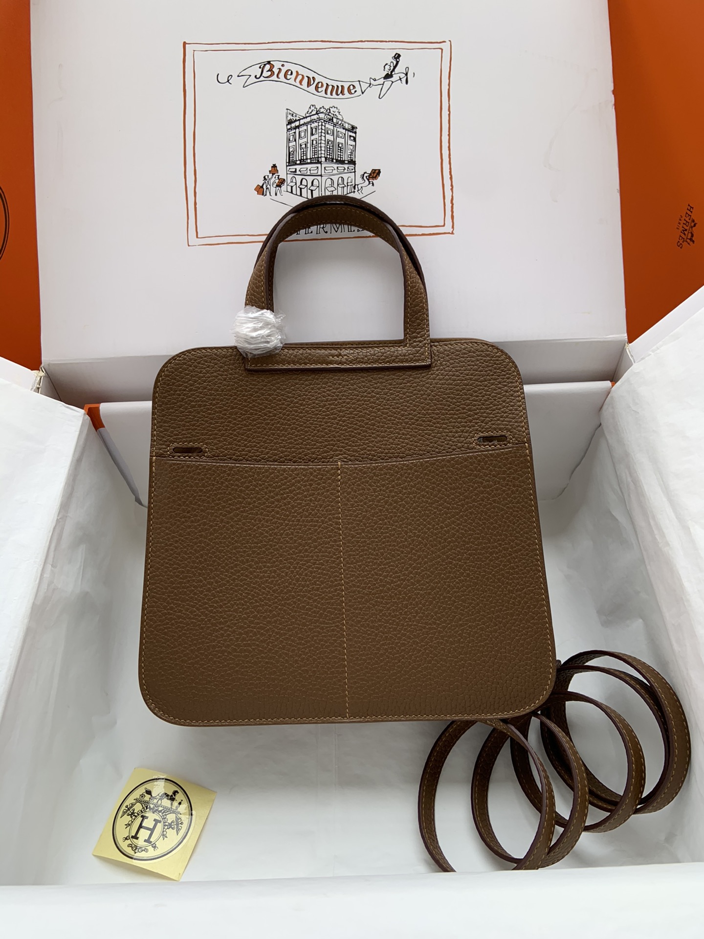 [TOP] HERMES  Clemence Leather Halzan Bag 25cm - Chestnut