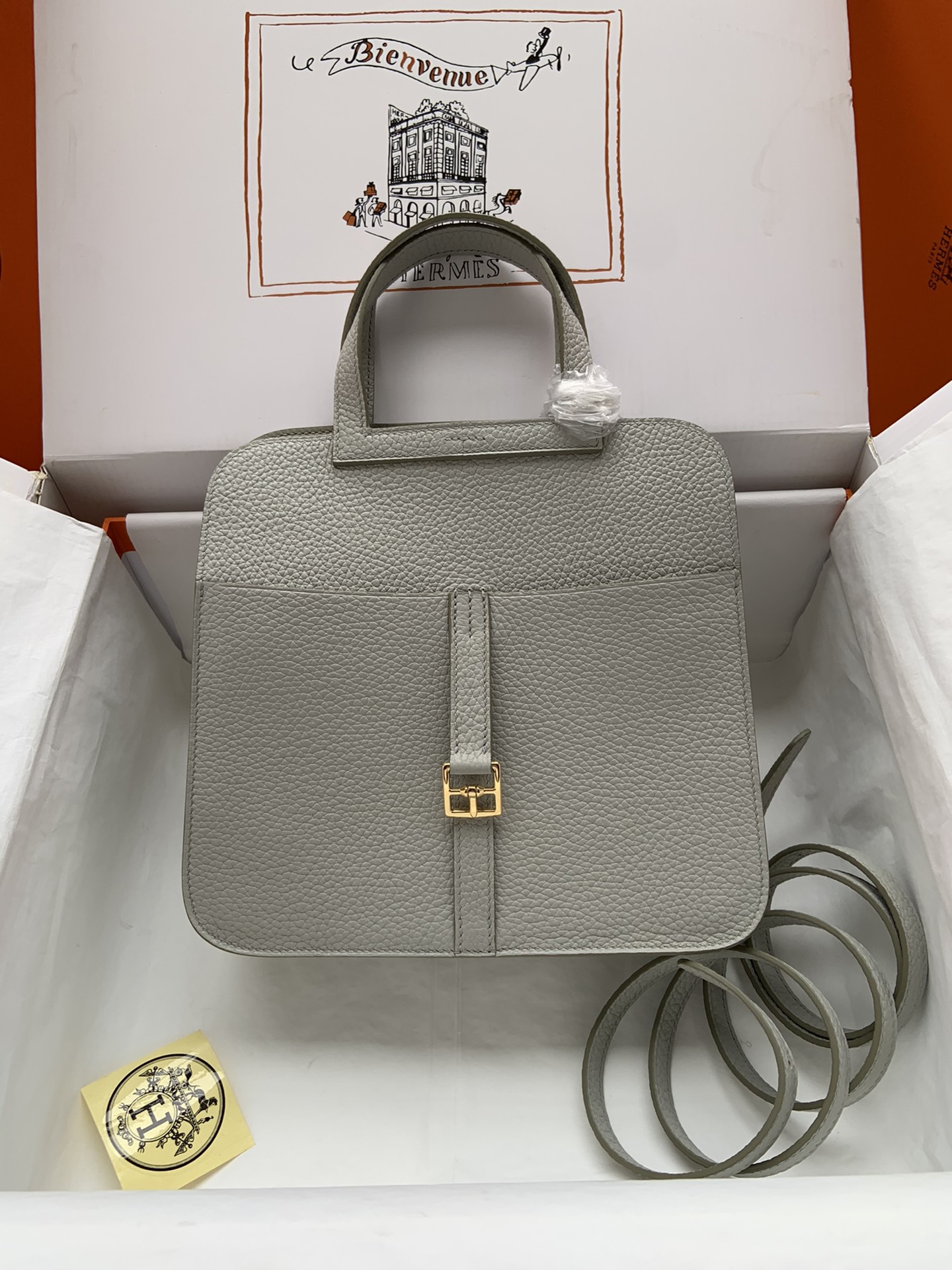[TOP] HERMES  Clemence Leather Halzan Bag 25cm - Gray