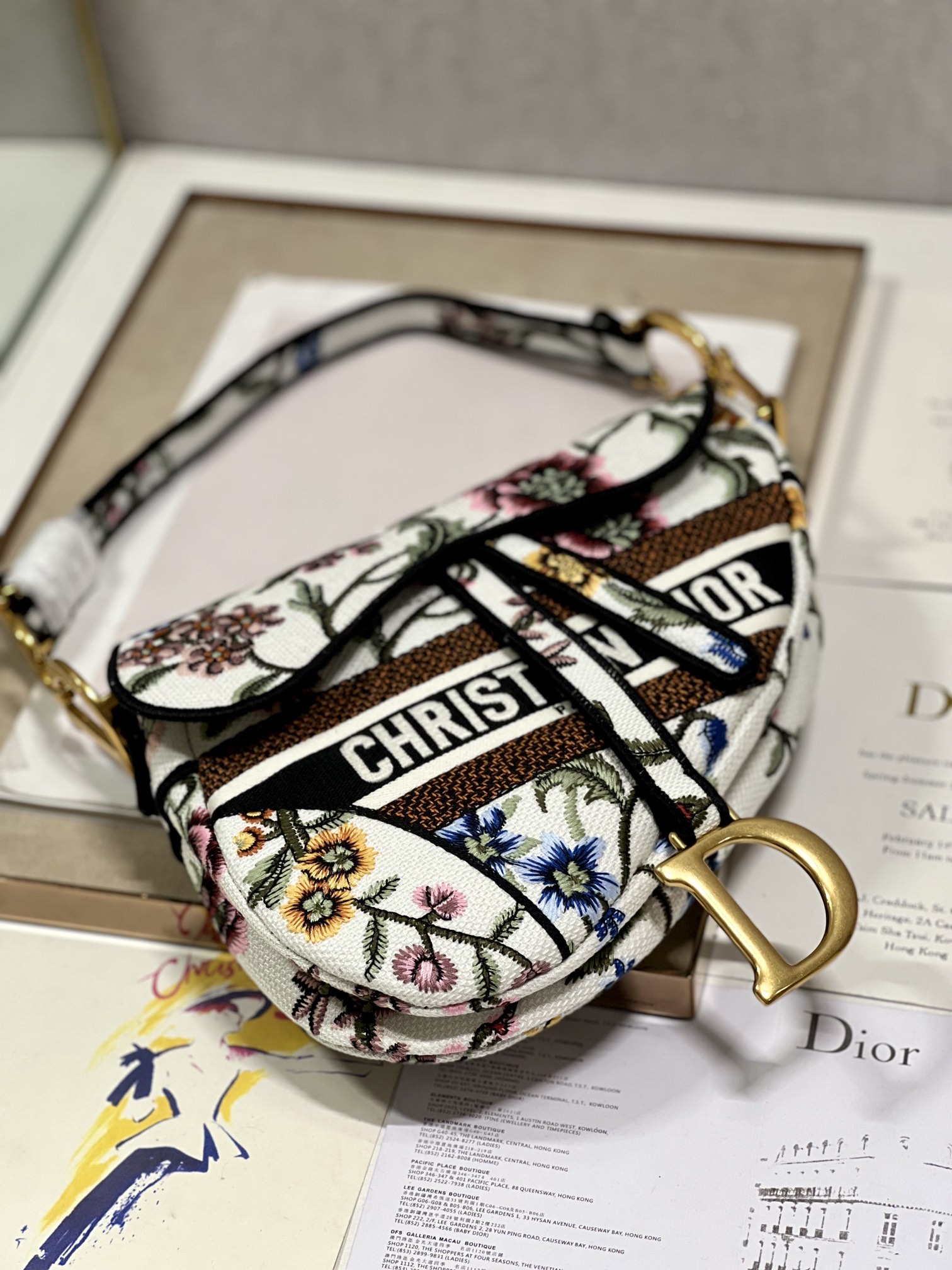 [TOP] Christian Dior Saddle Bag 25 cm - Flowers White