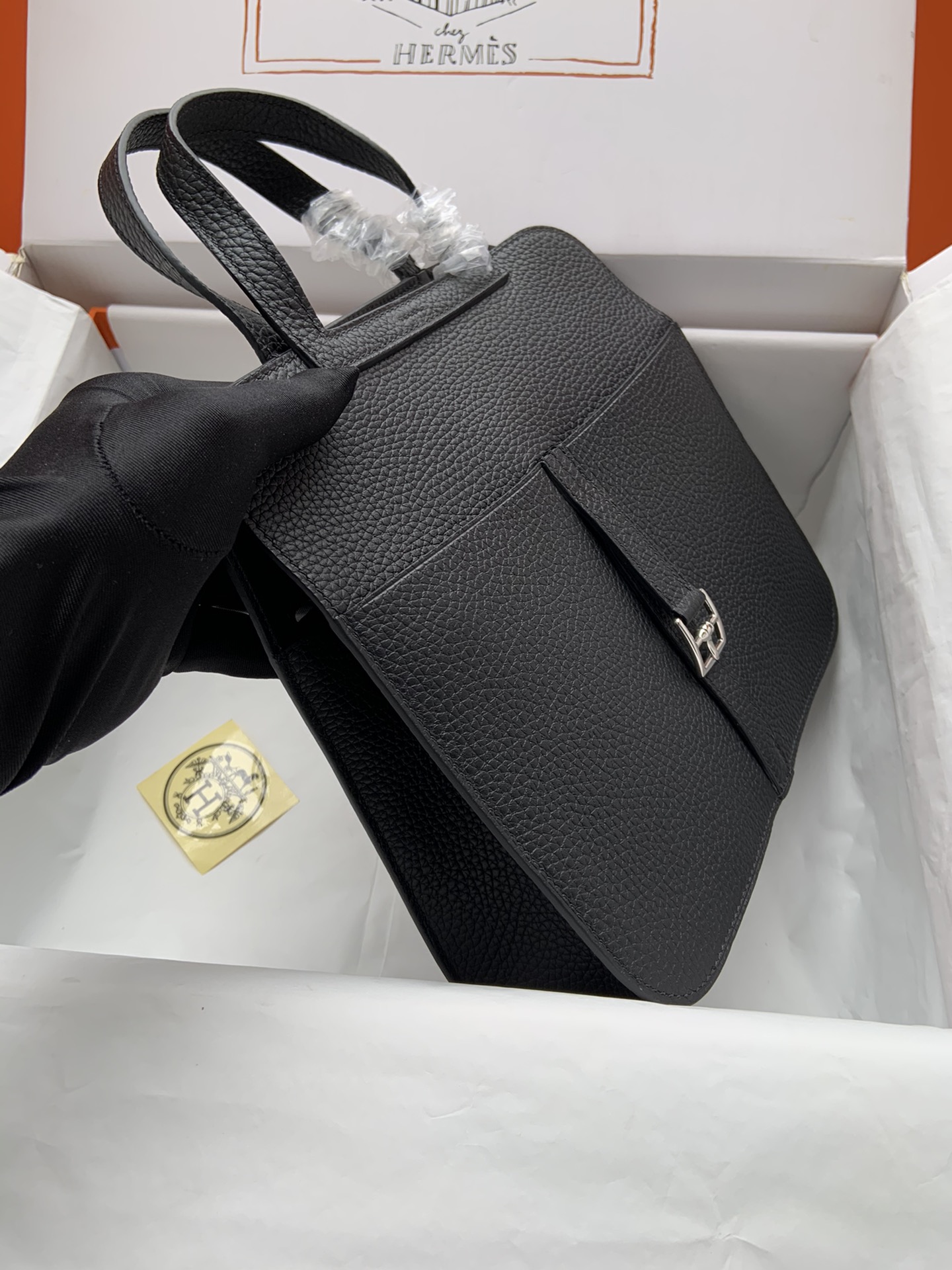 [TOP] HERMES  Clemence Leather Halzan Bag 25cm - Black