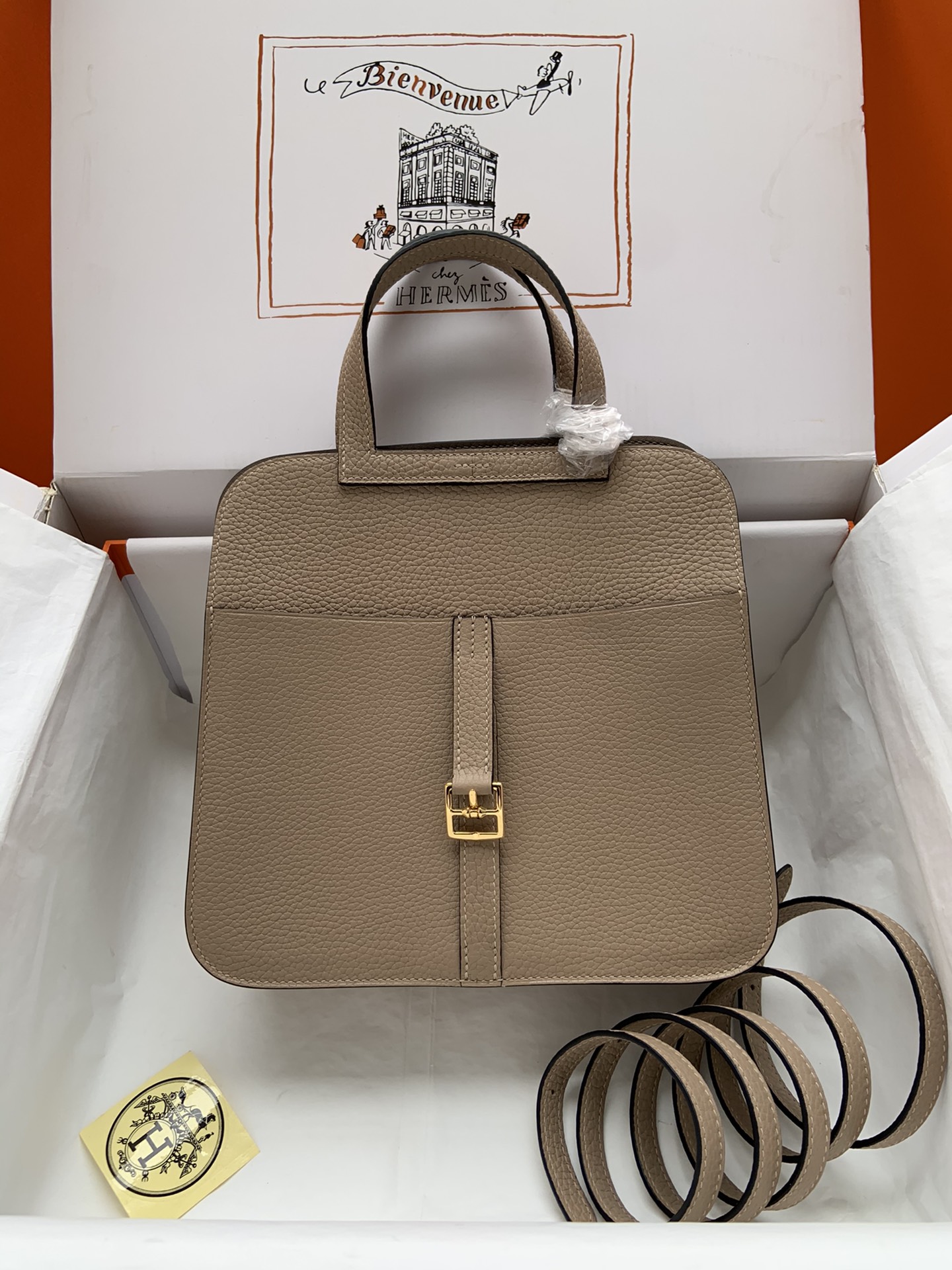 [TOP] HERMES  Clemence Leather Halzan Bag 25cm - Grey