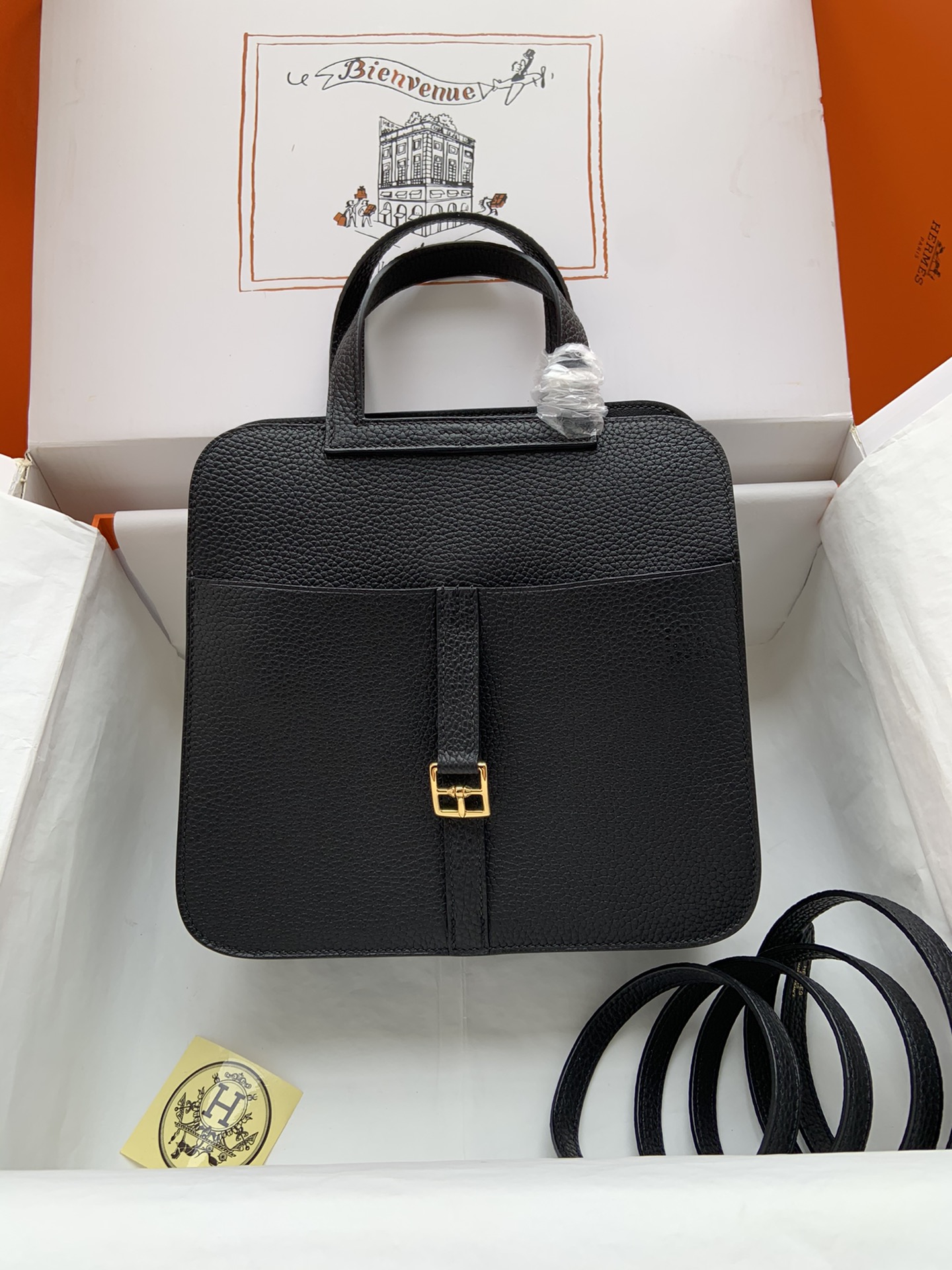 [TOP] HERMES  Clemence Leather Halzan Bag 25cm - Black