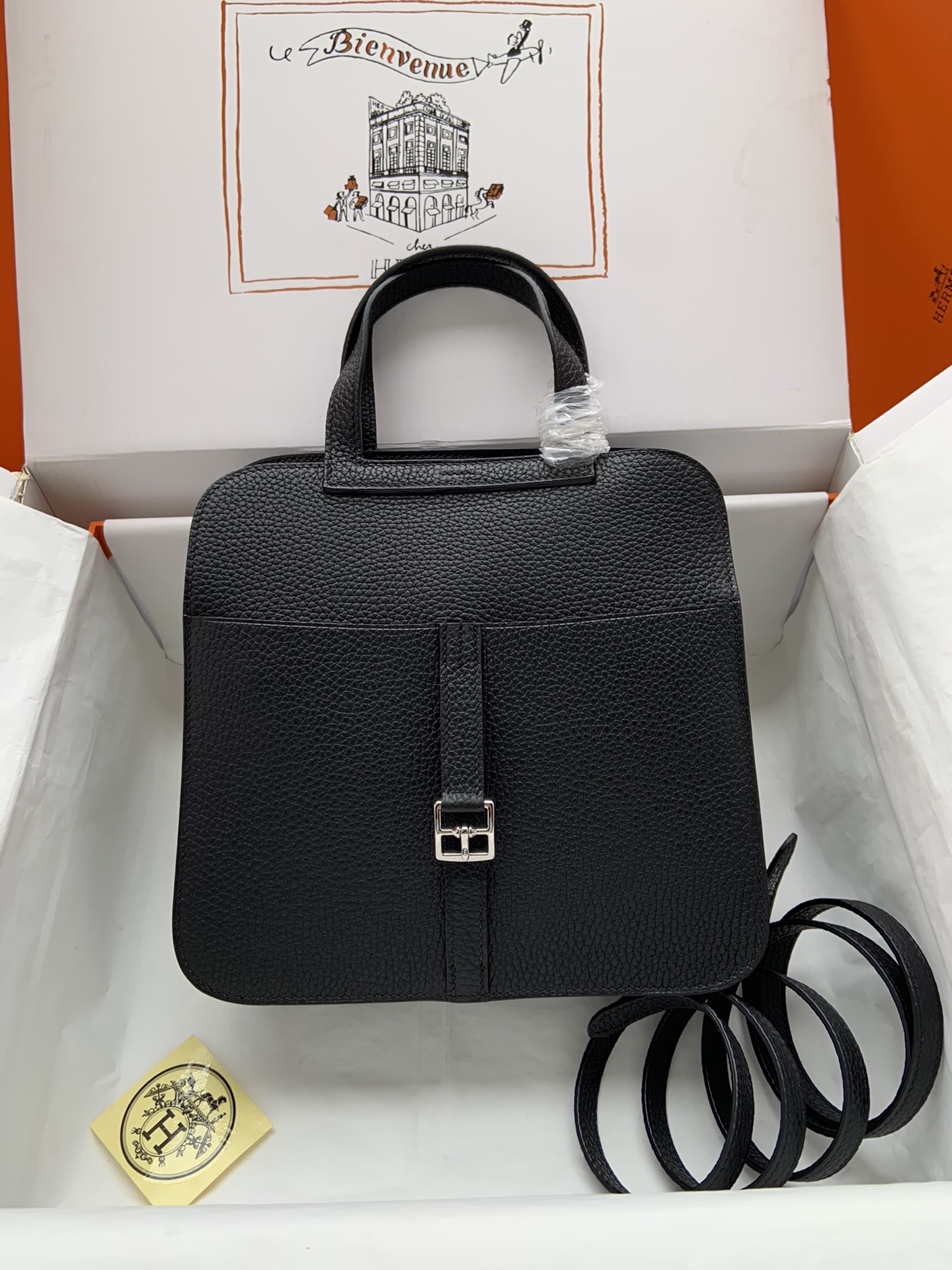 [TOP] HERMES  Clemence Leather Halzan Bag 25cm - Black