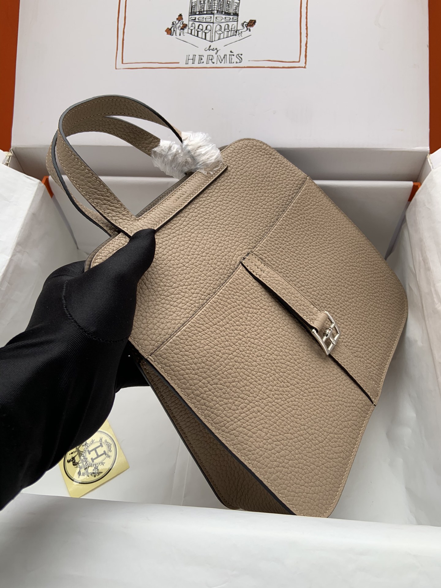 [TOP] HERMES  Clemence Leather Halzan Bag 25cm - Grey