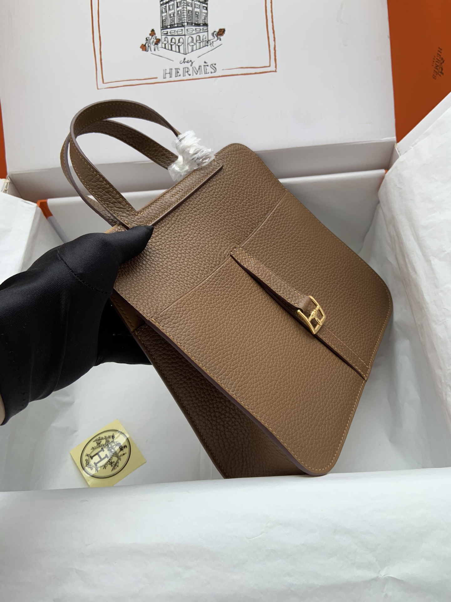 [TOP] HERMES  Clemence Leather Halzan Bag 25cm - Chestnut