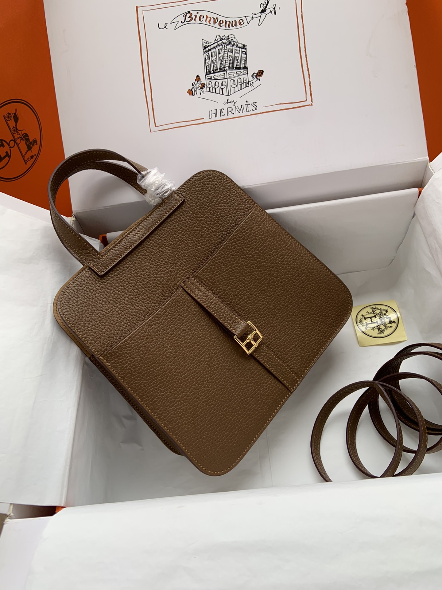 [TOP] HERMES  Clemence Leather Halzan Bag 25cm - Chestnut