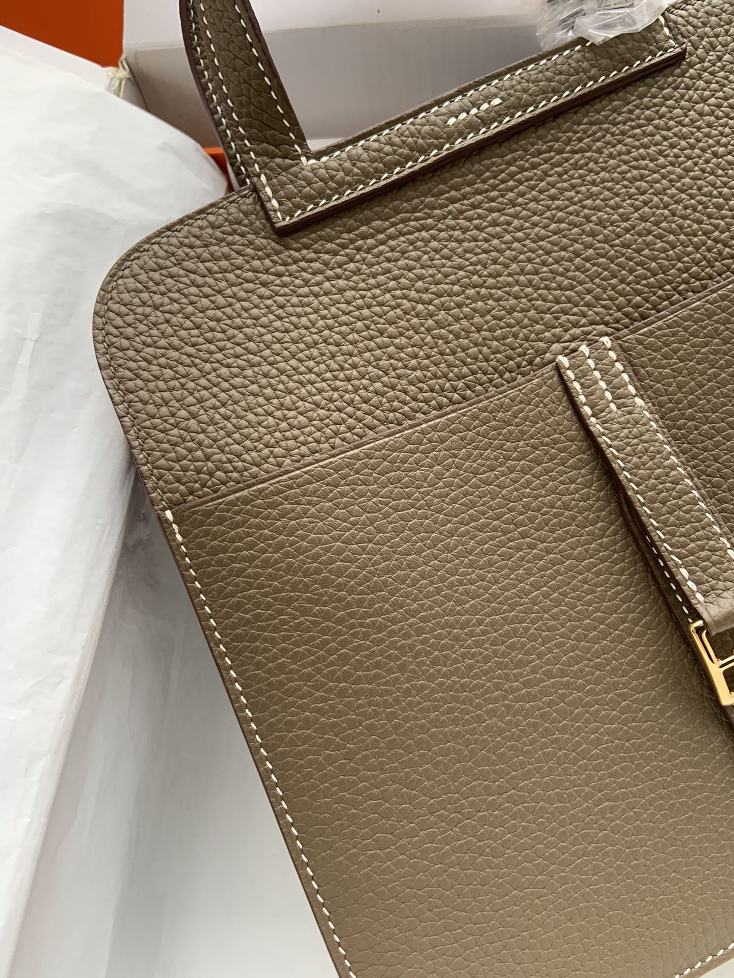 [TOP] HERMES  Clemence Leather Halzan Bag 25cm - Gray