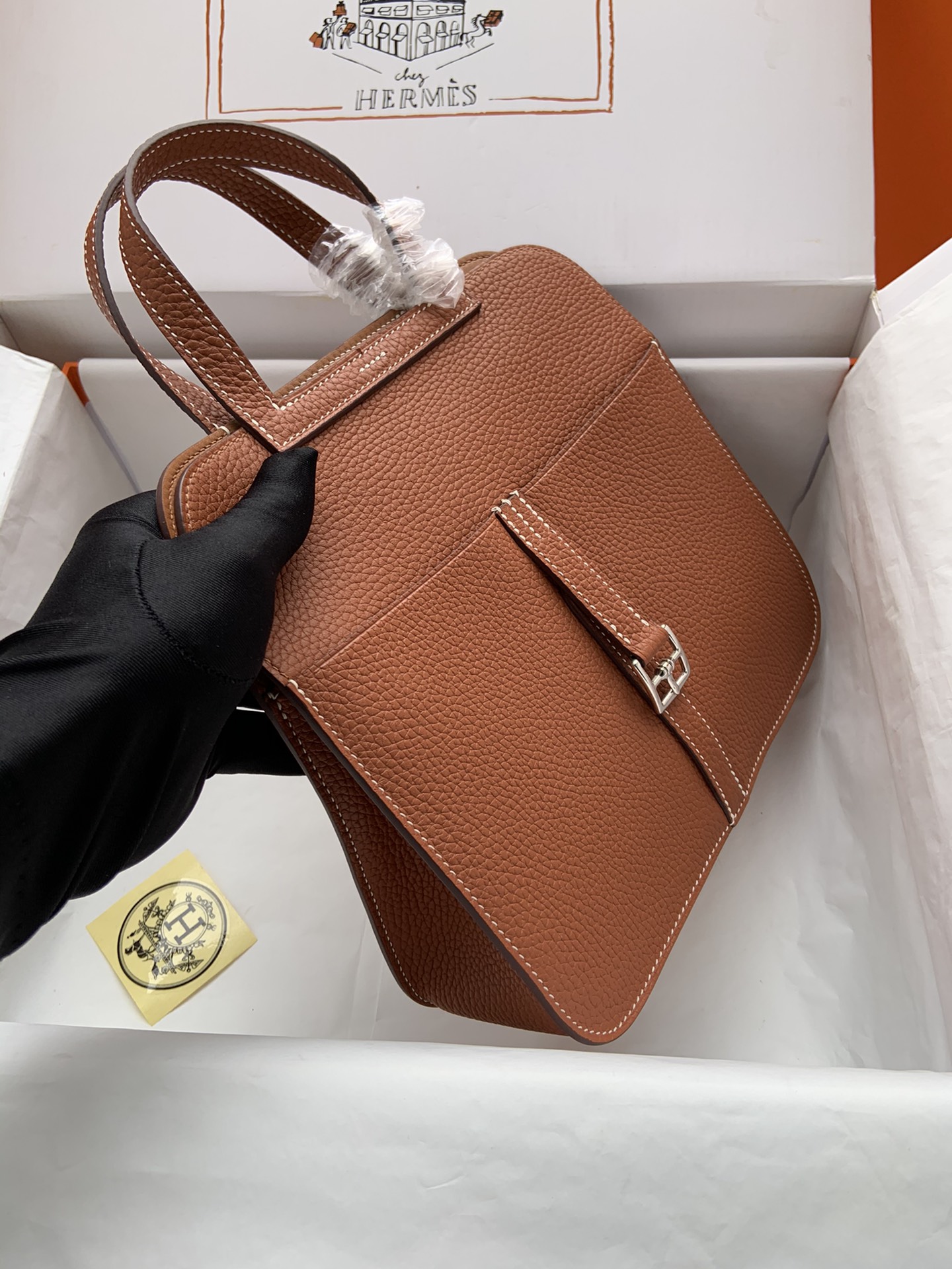 [TOP] HERMES  Clemence Leather Halzan Bag 25cm - Brown